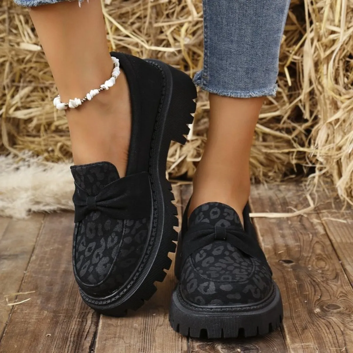 Bow Leopard Round Toe Loafers - Image 6