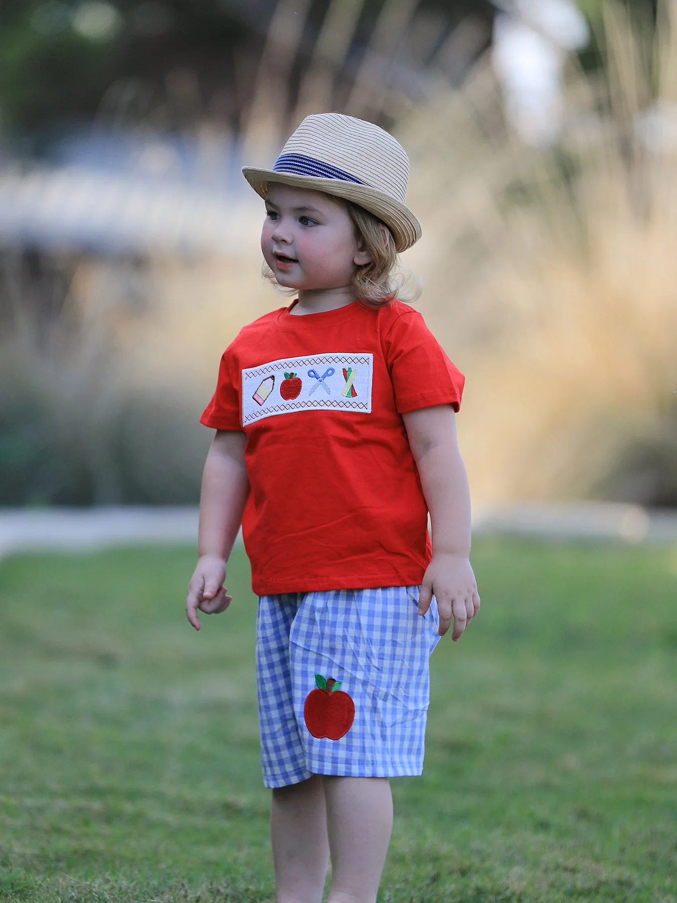 Boys Back to School Pencil Apple Applique Plaid Shorts Set - Image 2