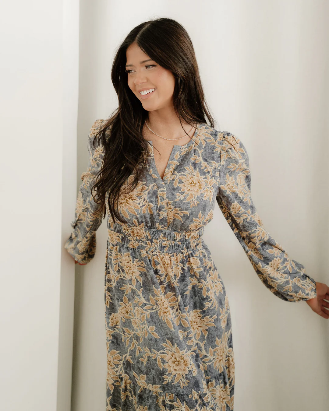 Brianna Floral Print Smocked High Waist Long Sleeve Maxi Dress - Blue - Image 6