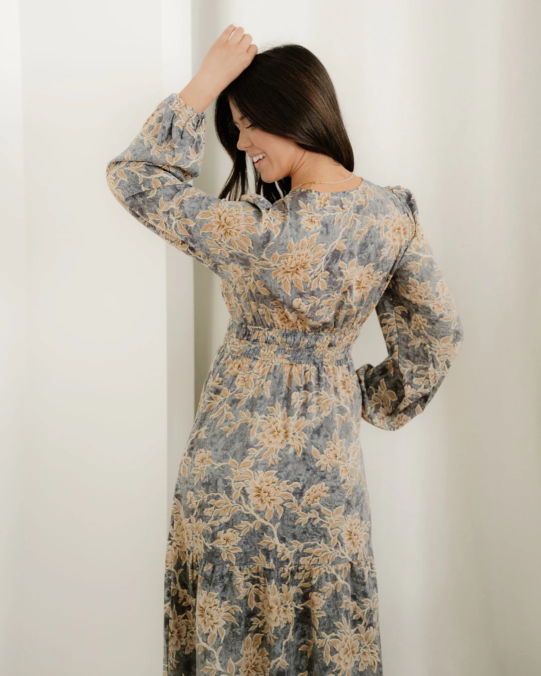 Brianna Floral Print Smocked High Waist Long Sleeve Maxi Dress - Blue - Image 9