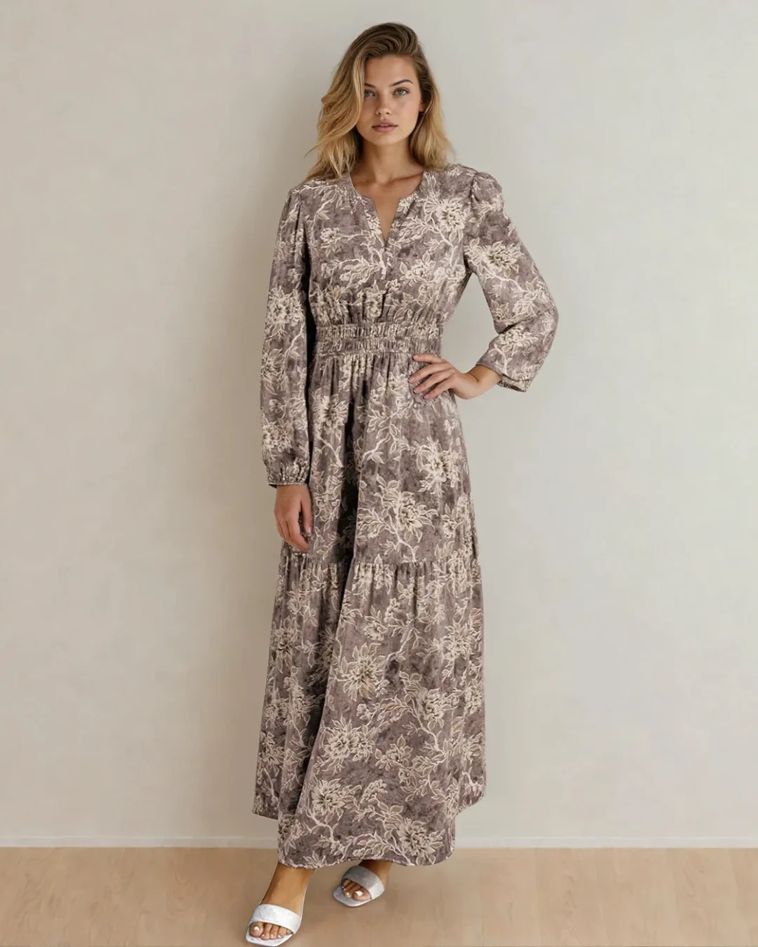 Brianna Floral Print Smocked High Waist Long Sleeve Maxi Dress - Brown - Image 2