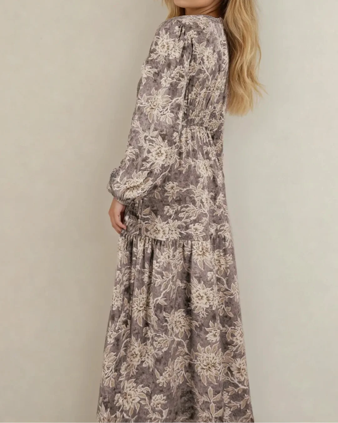 Brianna Floral Print Smocked High Waist Long Sleeve Maxi Dress - Brown - Image 3