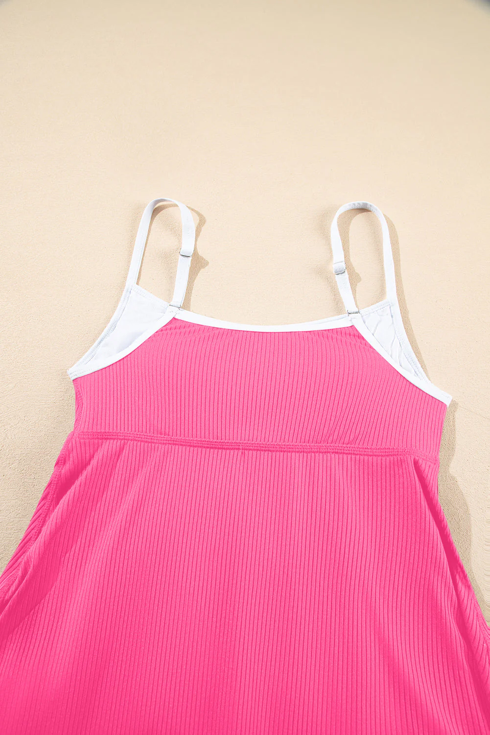 Bright Pink Color Block Edge Ribbed Pocketed Lined Swim Dress - Image 6