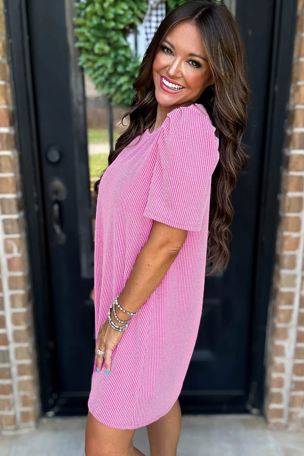Bright Pink Corded Crew Neck Puff Sleeve Mini Dress - Image 3