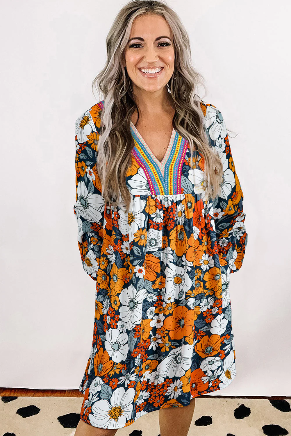 Brookelyn - Orange Floral Print Striped Lace V Neck Long Sleeve Mini Dress - Image 2