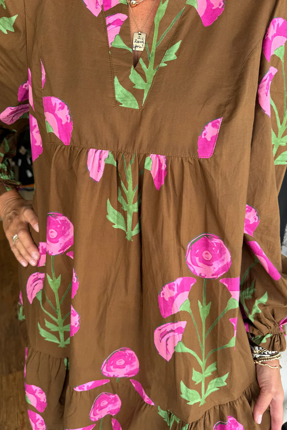 Brown Contrast Floral Print Babydoll Tunic Ruffled Hem Puff Sleeve Dress - Image 5