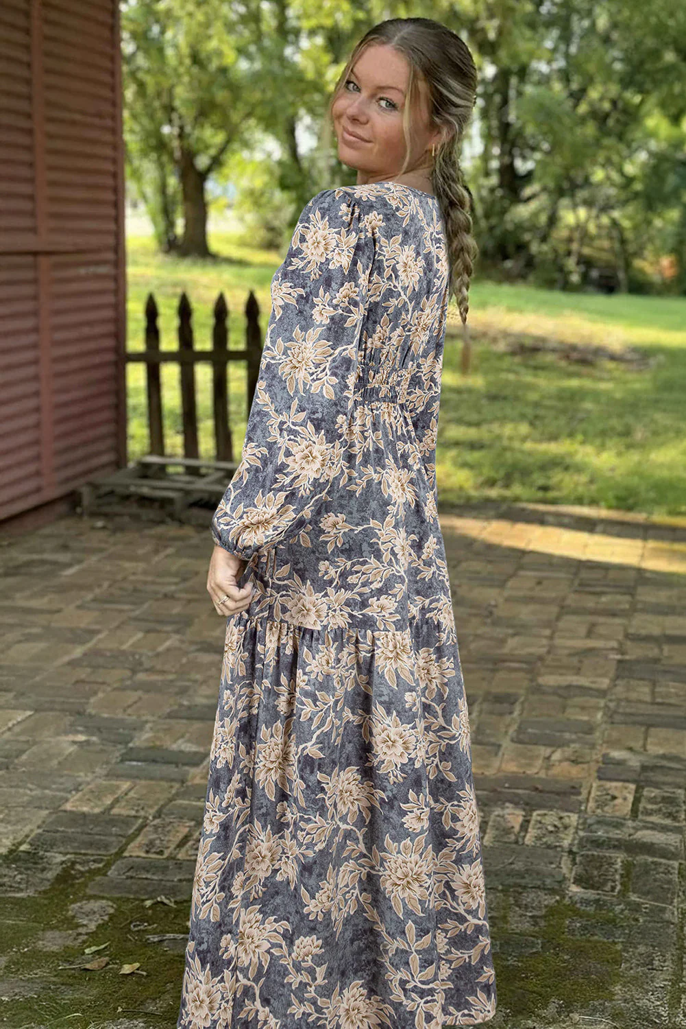 Brown Floral Print Smocked High Waist Long Sleeve Maxi Dress - Image 5