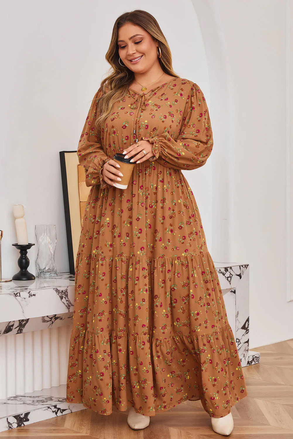Brown Plus Size Floral Split V Neck Ruffled Sleeve Tiered Maxi Dress - Image 14