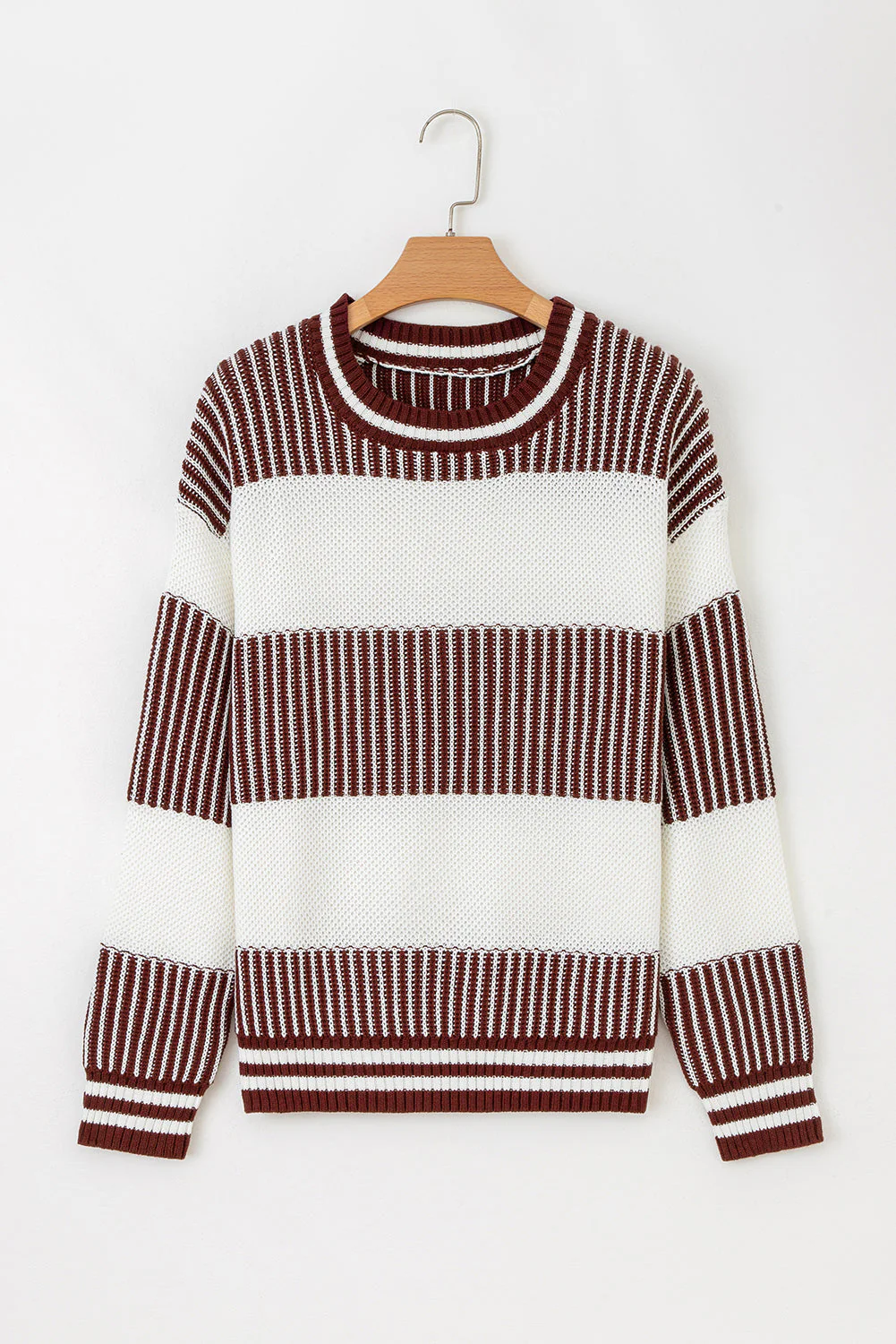 Brown Two Tone Striped Patchwork Drop Shoulder Sweater - Image 4