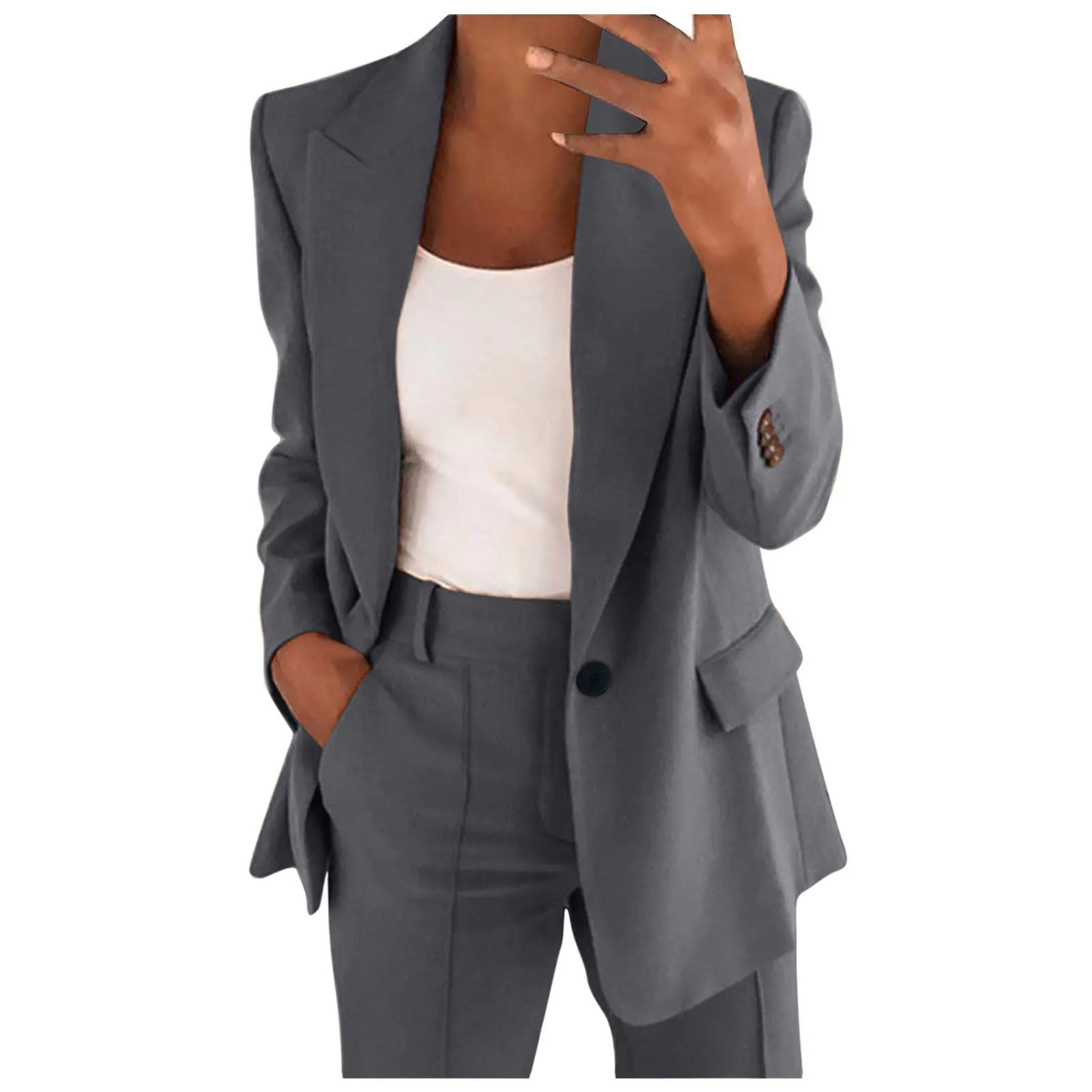 Business Casual Outfits for Women Professional Pant Suits 2 Piece Office Outfit Work Blazer Set Women Dressy Suit Wide Leg Pants Set Fashion Outfits Dark Gray - Image 2