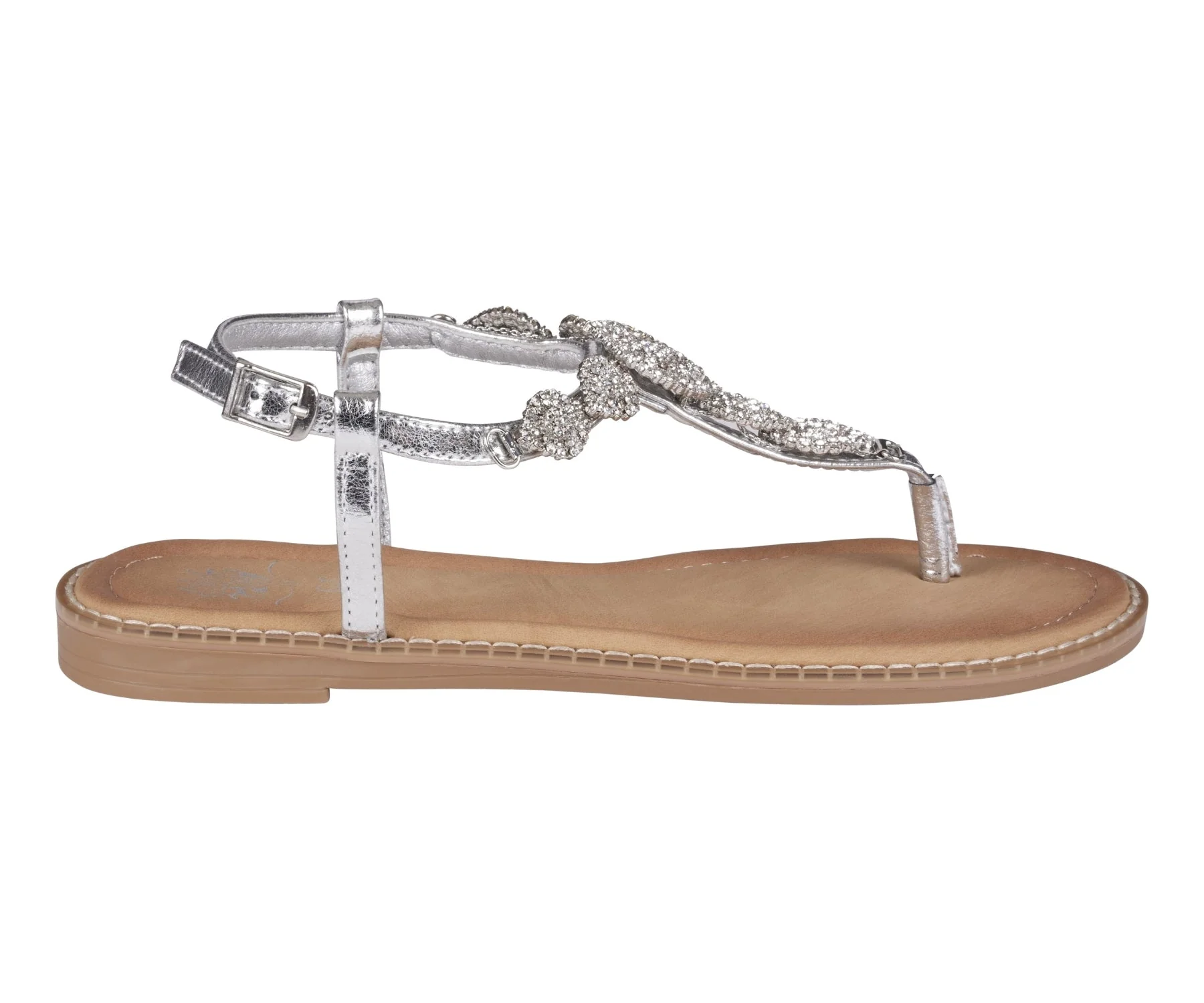 Cali Silver Jeweled T-Strap Slingback Flat Sandals - Image 2