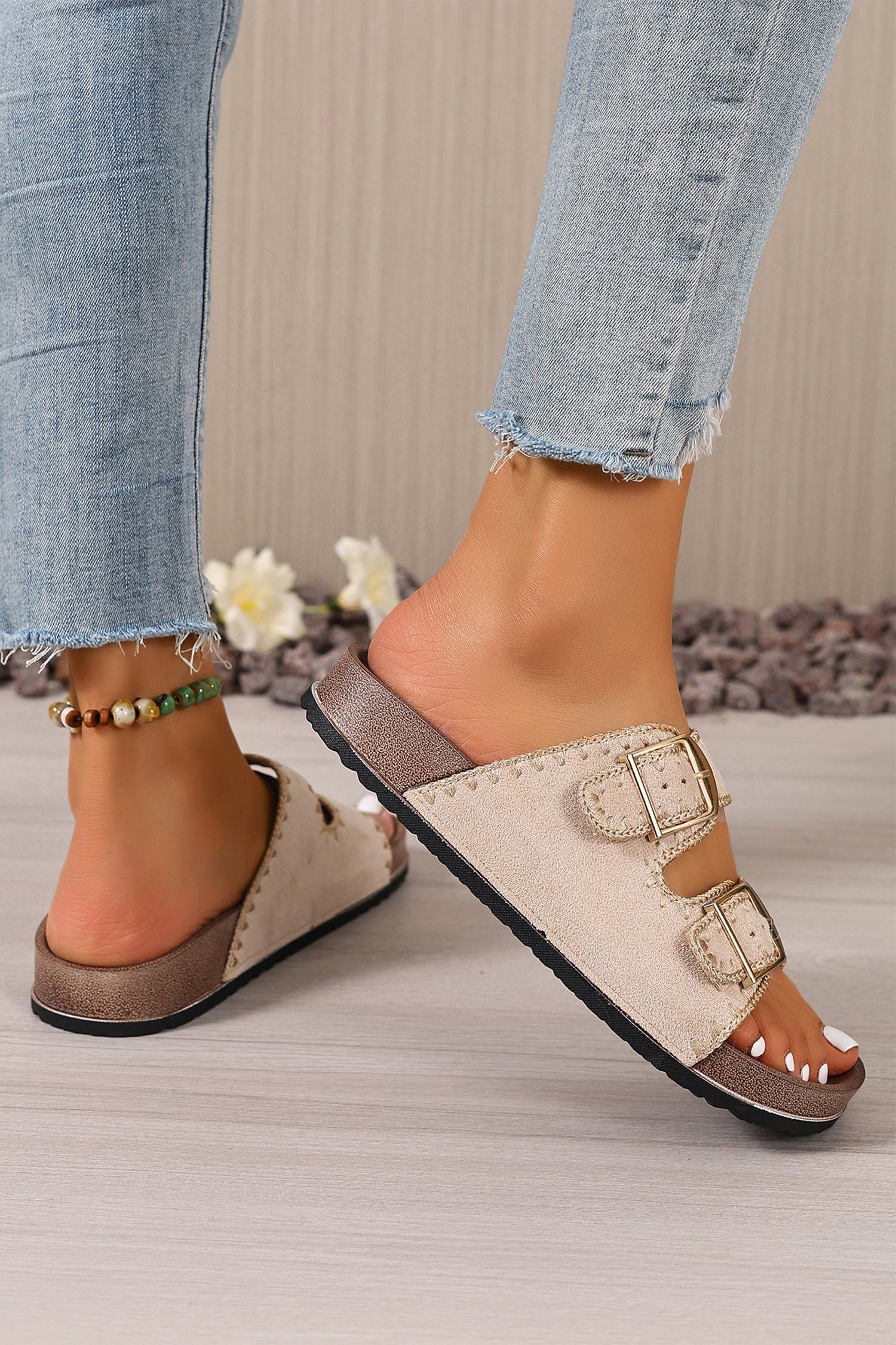 Camel Embroidered Trim Retro Buckle Faux Suede Slippers - Image 10