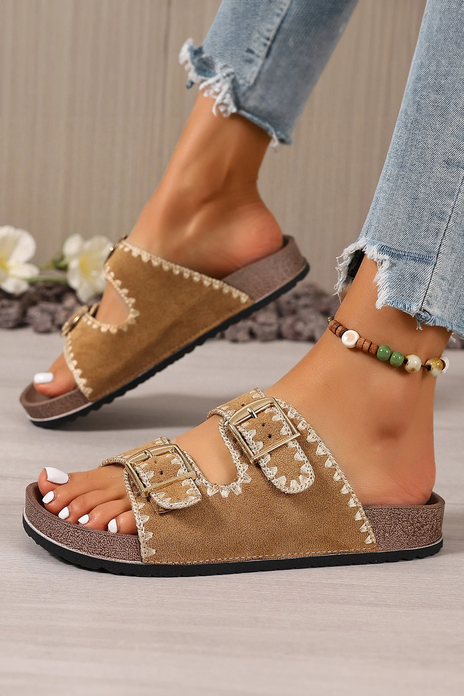 Camel Embroidered Trim Retro Buckle Faux Suede Slippers - Image 5