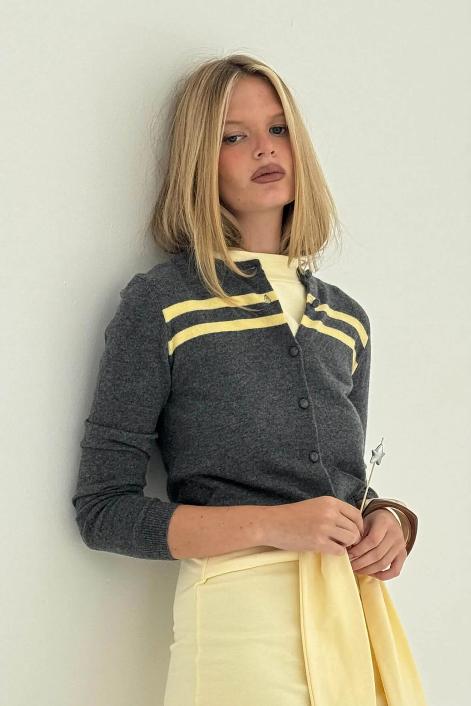 Cashmere Wool Stripe Cardigan in Charcoal/Butter - Image 13