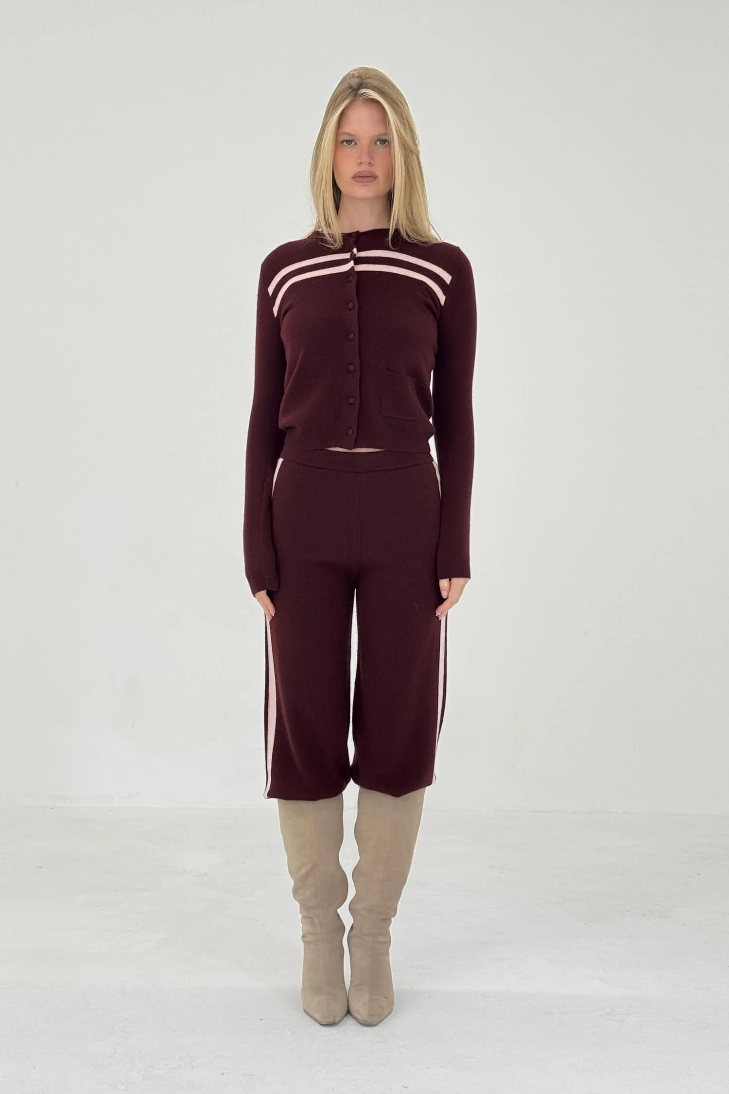 Cashmere Wool Stripe Cardigan in Raspberry Cream - Image 10