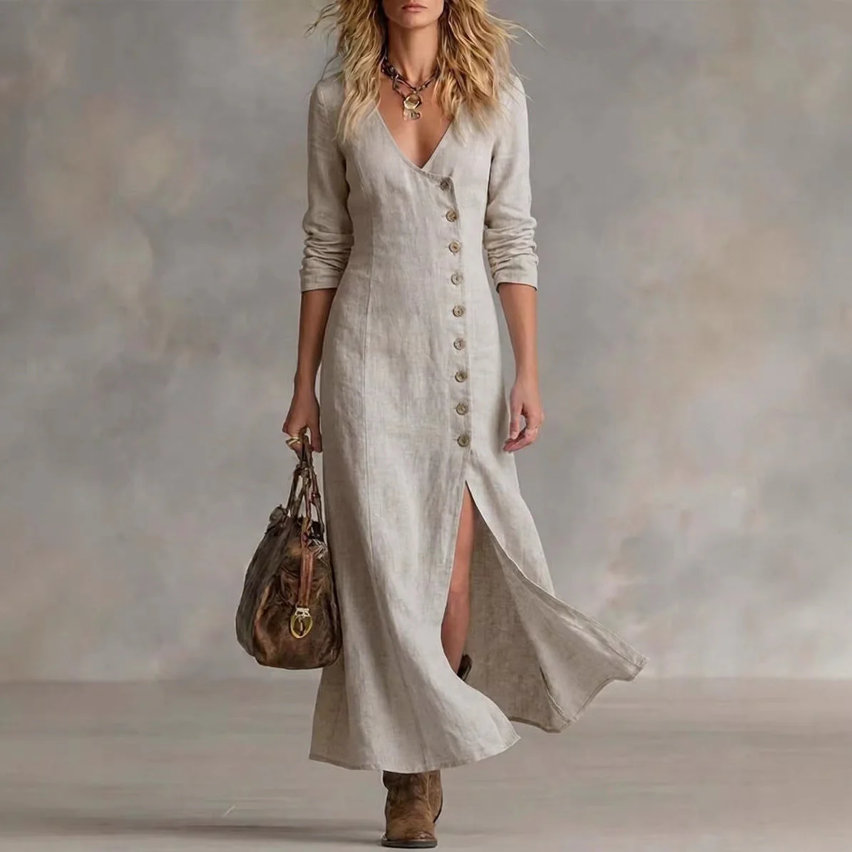 Casual Cotton Linen Long Sleeve Women’s Dress - Image 3
