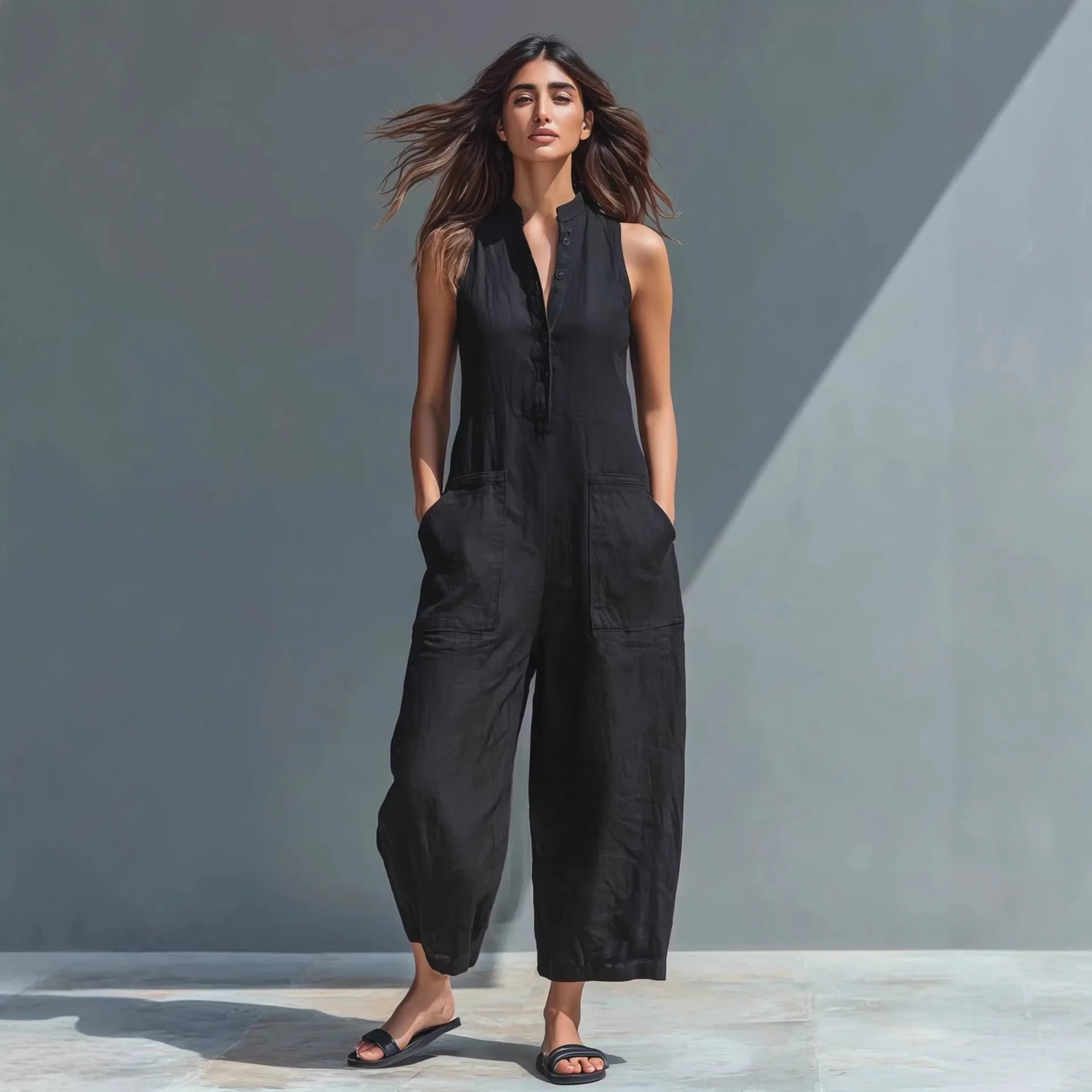 Casual Women’s Buttoned Stand Collar Sleeveless Loose Jumpsuit - Image 2