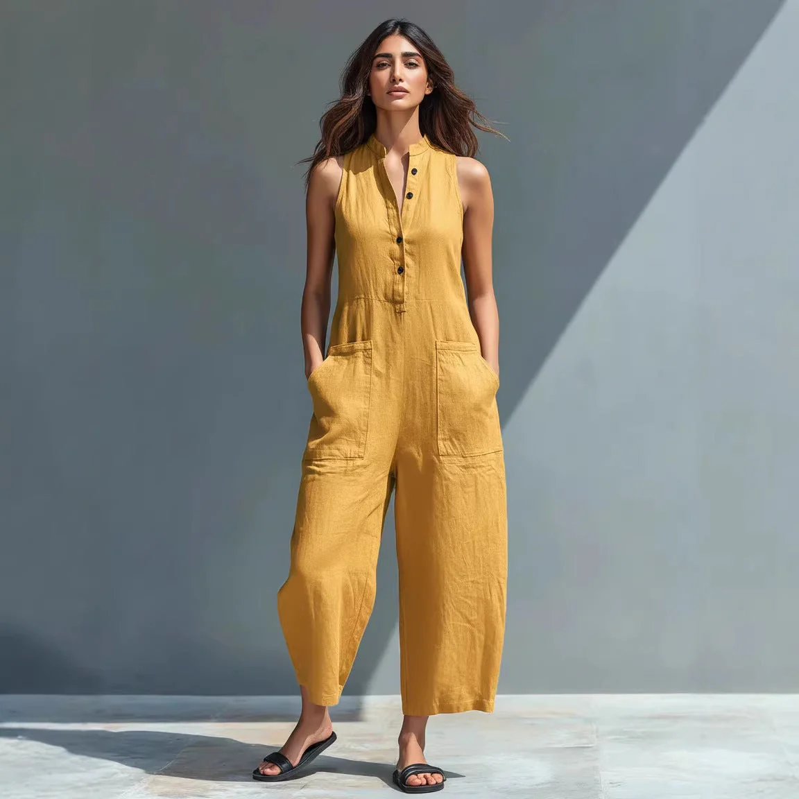 Casual Women’s Buttoned Stand Collar Sleeveless Loose Jumpsuit - Image 6