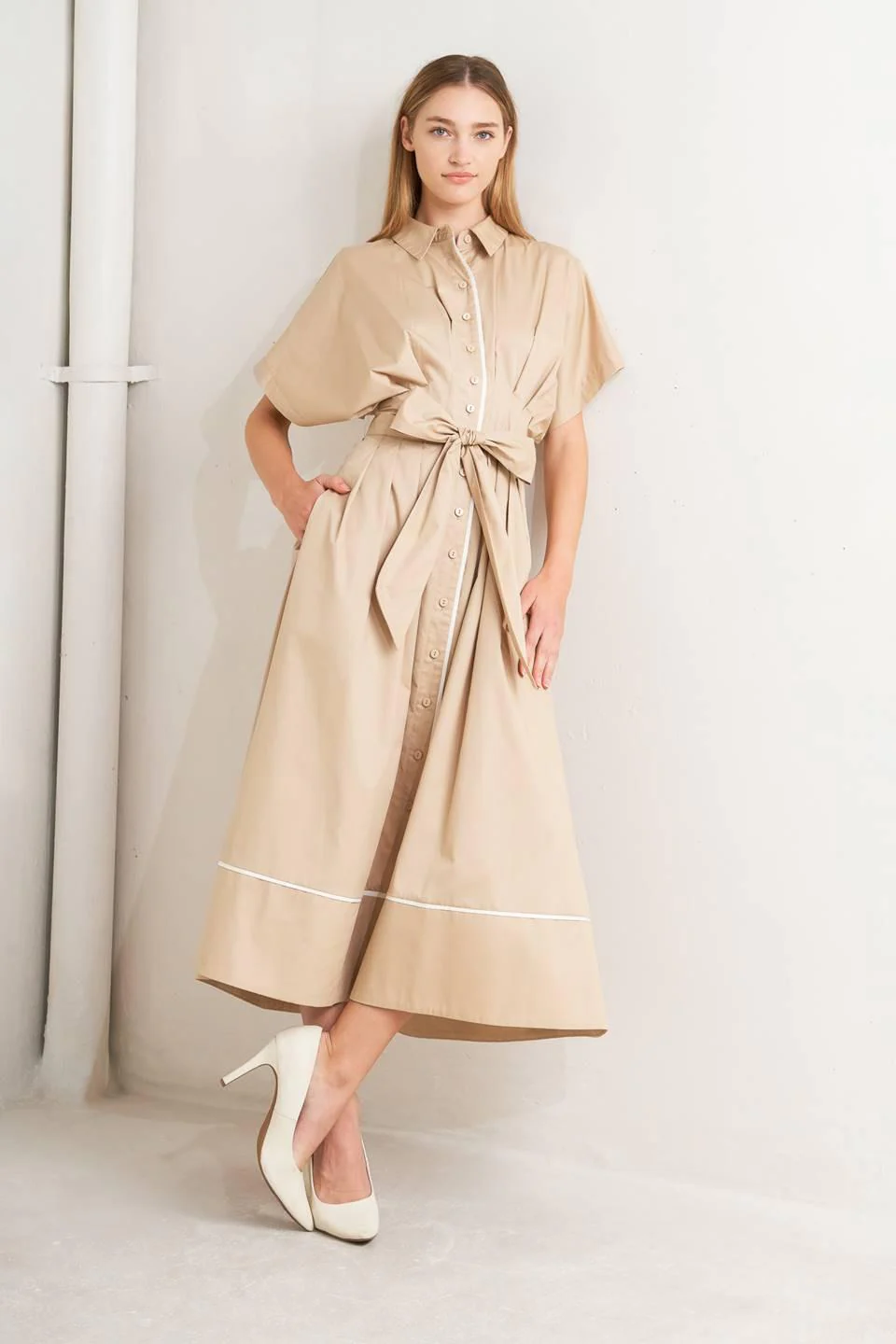 Catch You Later Khaki Woven Midi Dress - Image 3