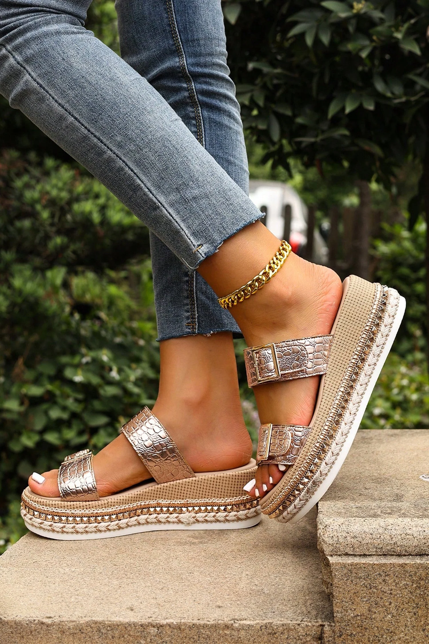 Threaded Pear Cattleya Buckle Wedge Platform Slippers - Image 5