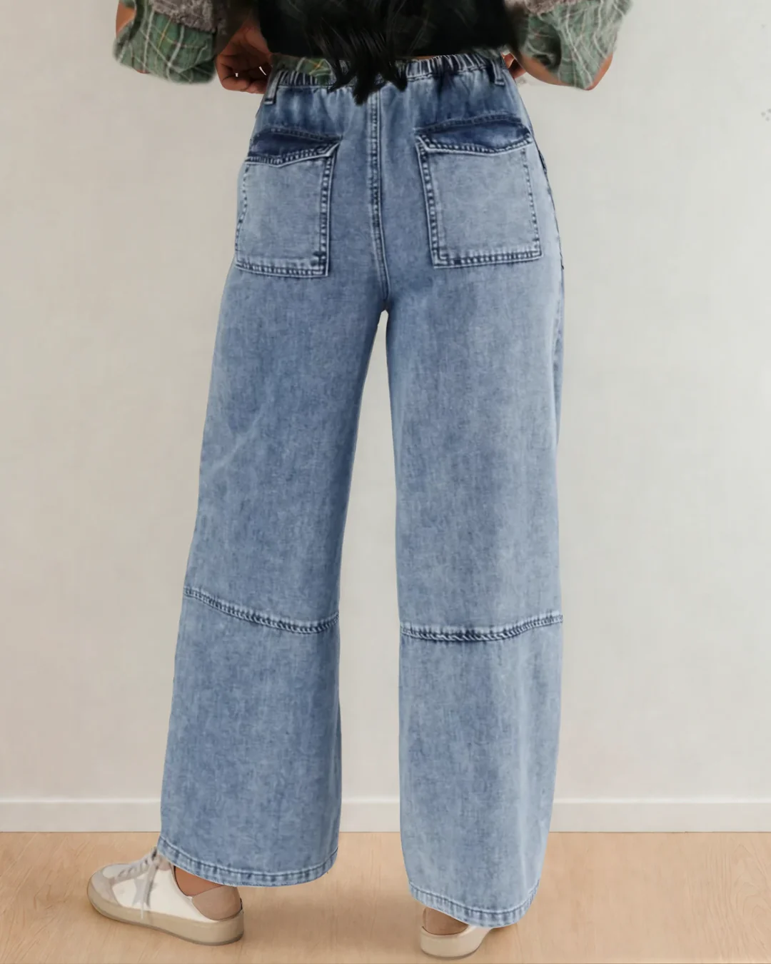 Celestine Acid Wash Exposed Seam Drawstring Elastic Waist Barrel Jeans - Image 3