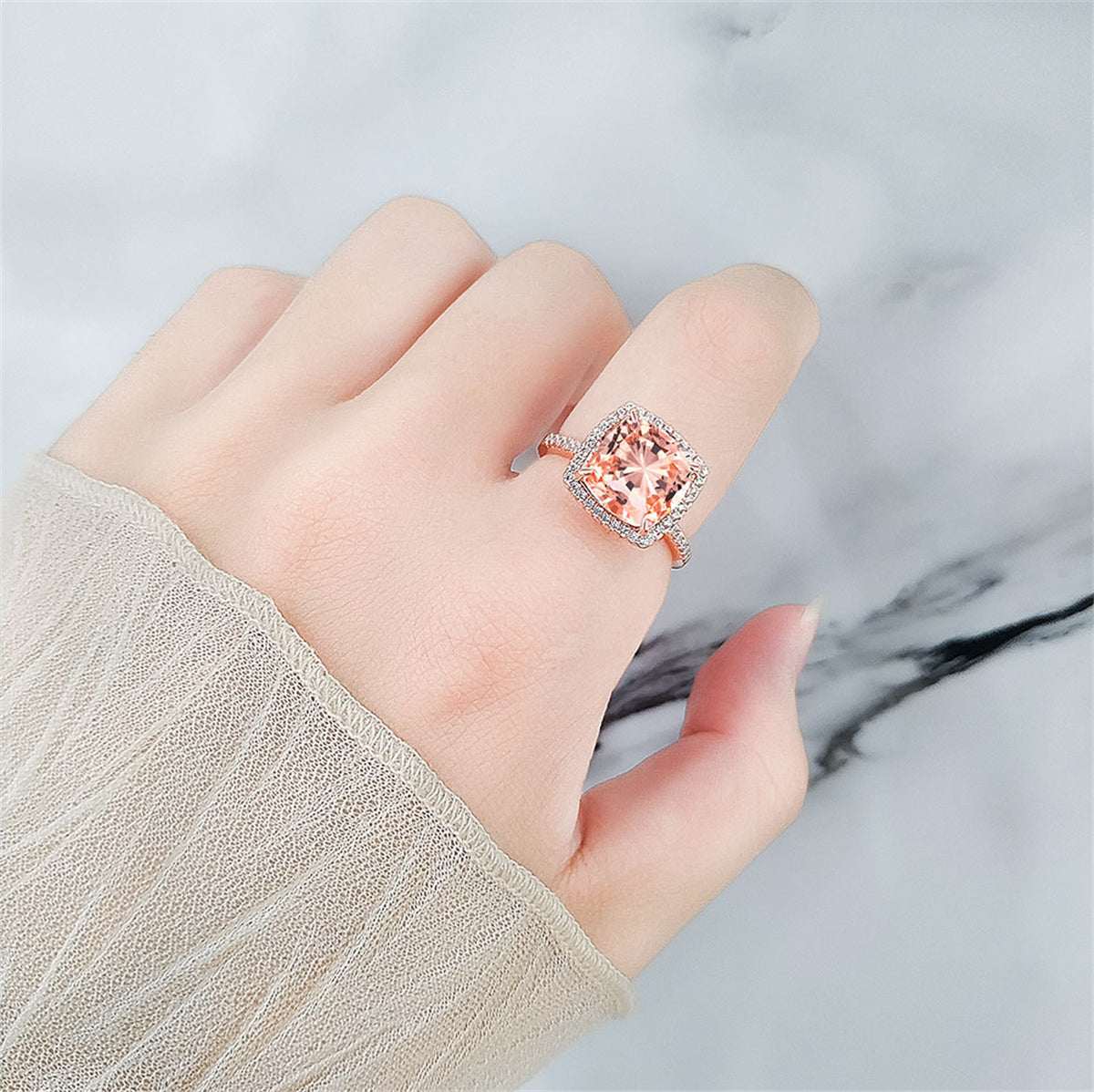 Champagne Crystal & Cubic Zirconia Square Halo Ring - Image 2