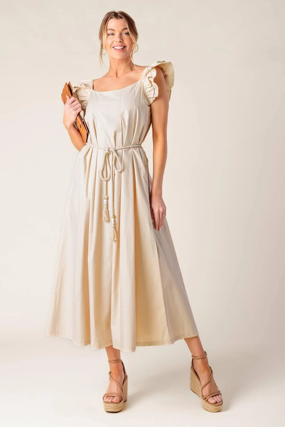 Champagne Toast Taupe Woven Midi Dress - Image 3
