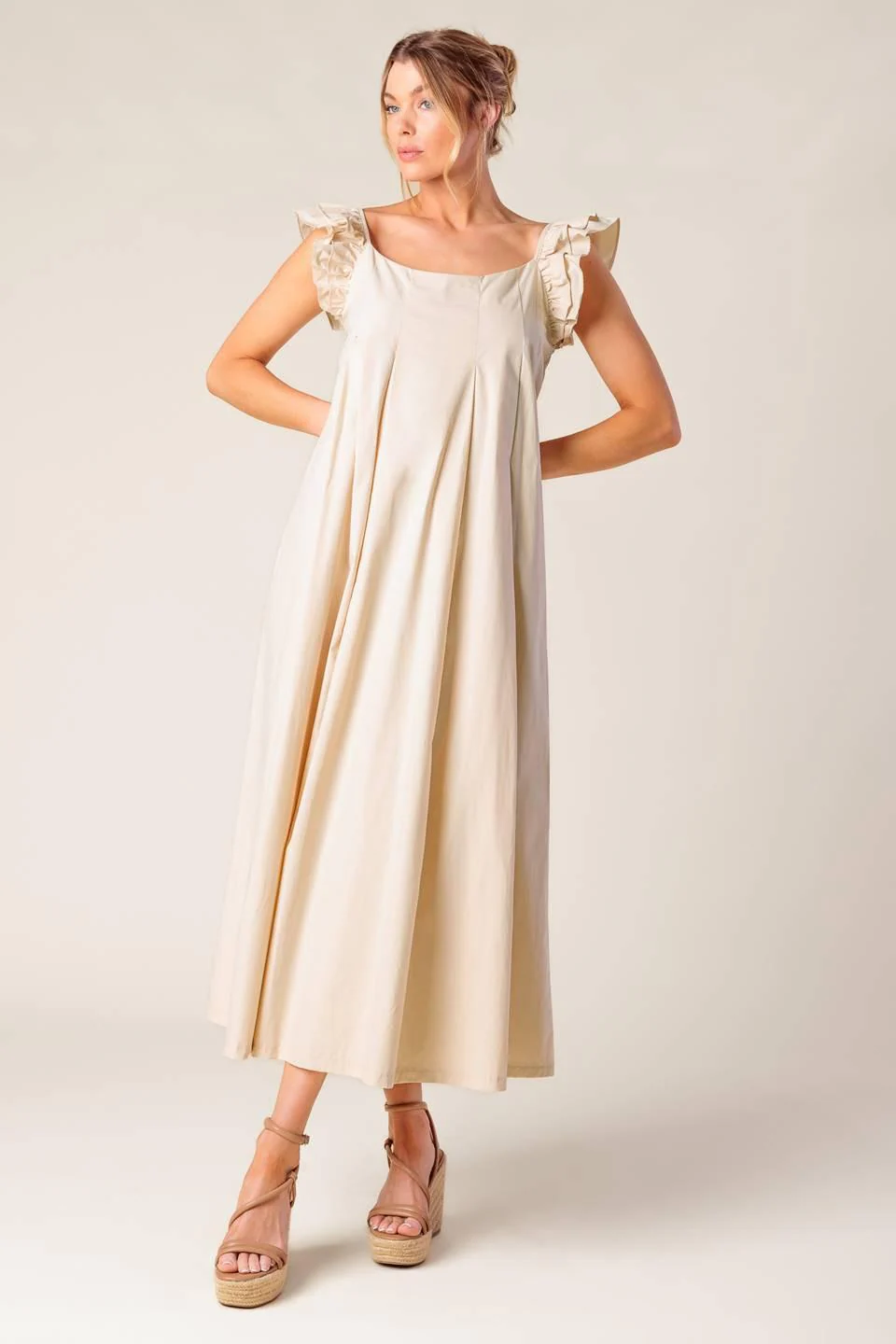 Champagne Toast Taupe Woven Midi Dress - Image 5