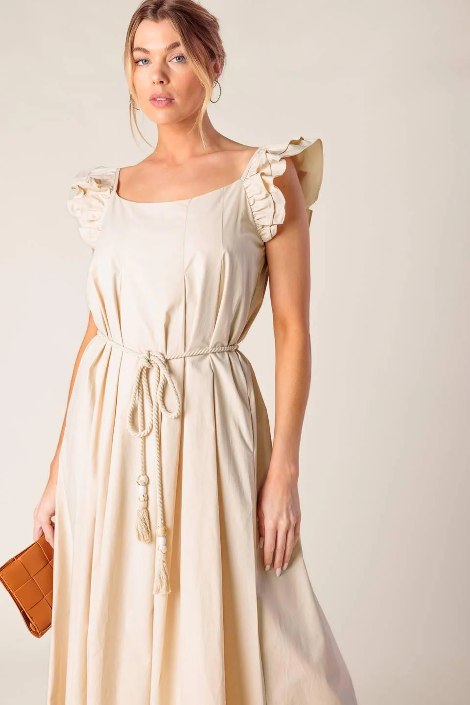 Champagne Toast Taupe Woven Midi Dress - Image 6