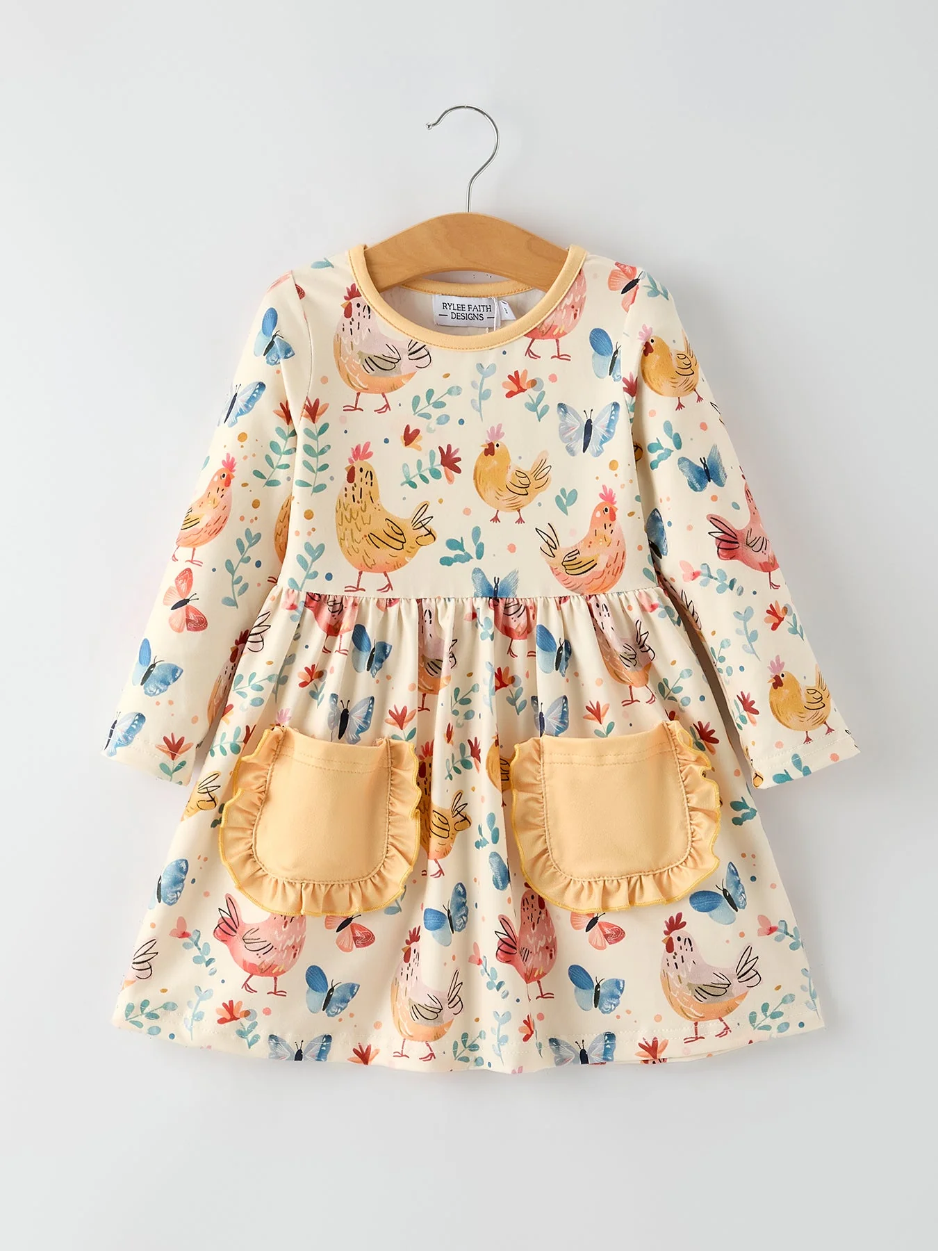 Charming Chicken & Butterfly Girls Dress with Cute Ruffled Pockets - Image 5