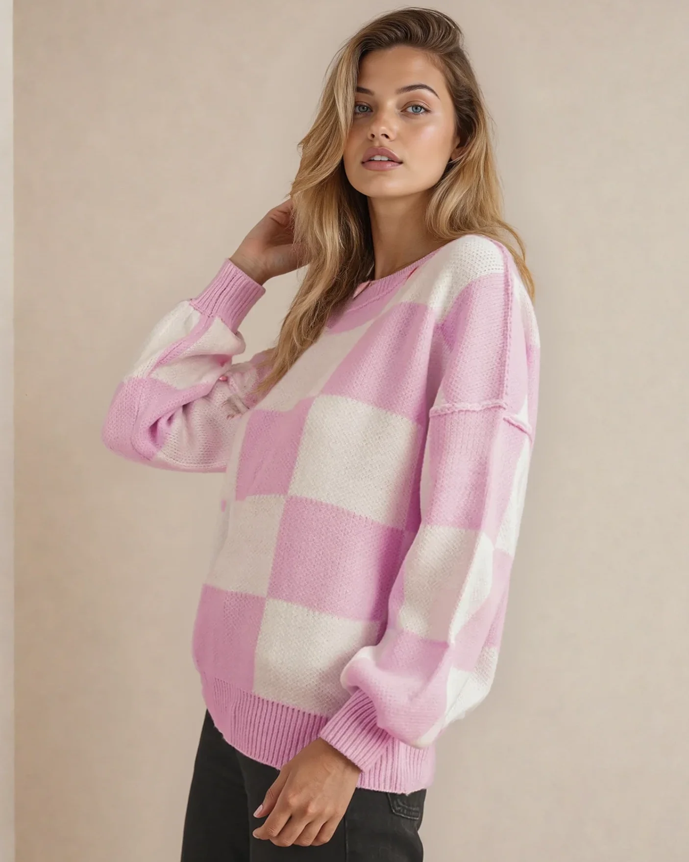 Checkered Crew Neck Sweater - Pink - Image 4