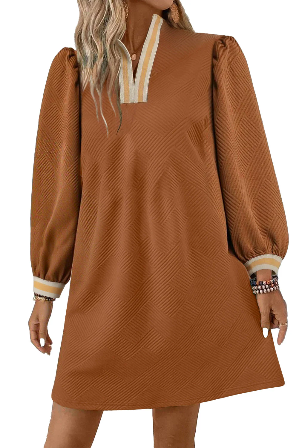 Chestnut Textured Contrast Striped Split Neck Long Sleeve Mini Dress - Image 3