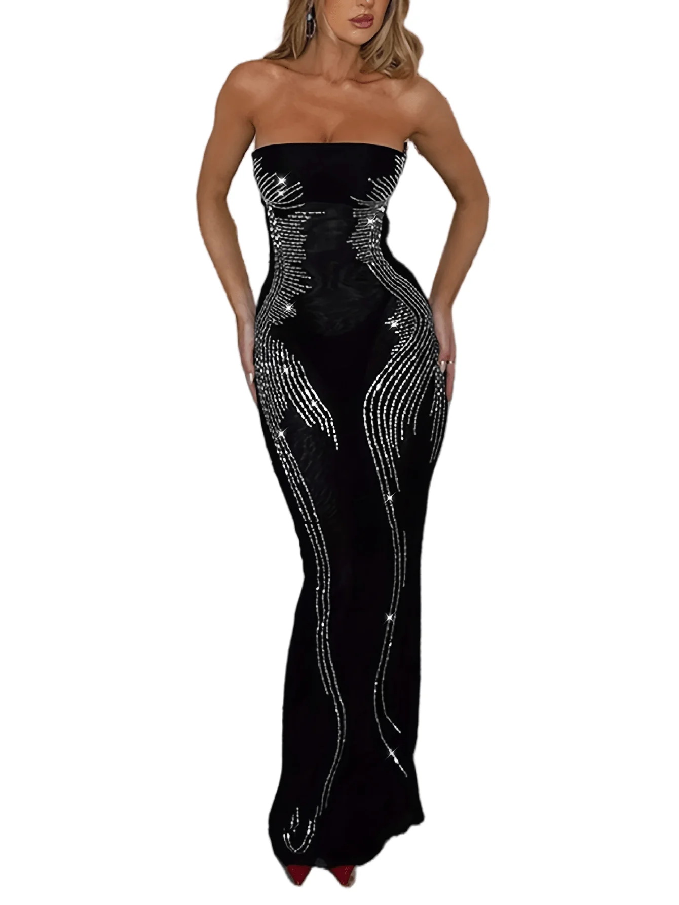 Chic YC Women's Black Strapless Rhinestone Bodycon Dress Spring Evening Party Glitter Formal Gown - Image 3