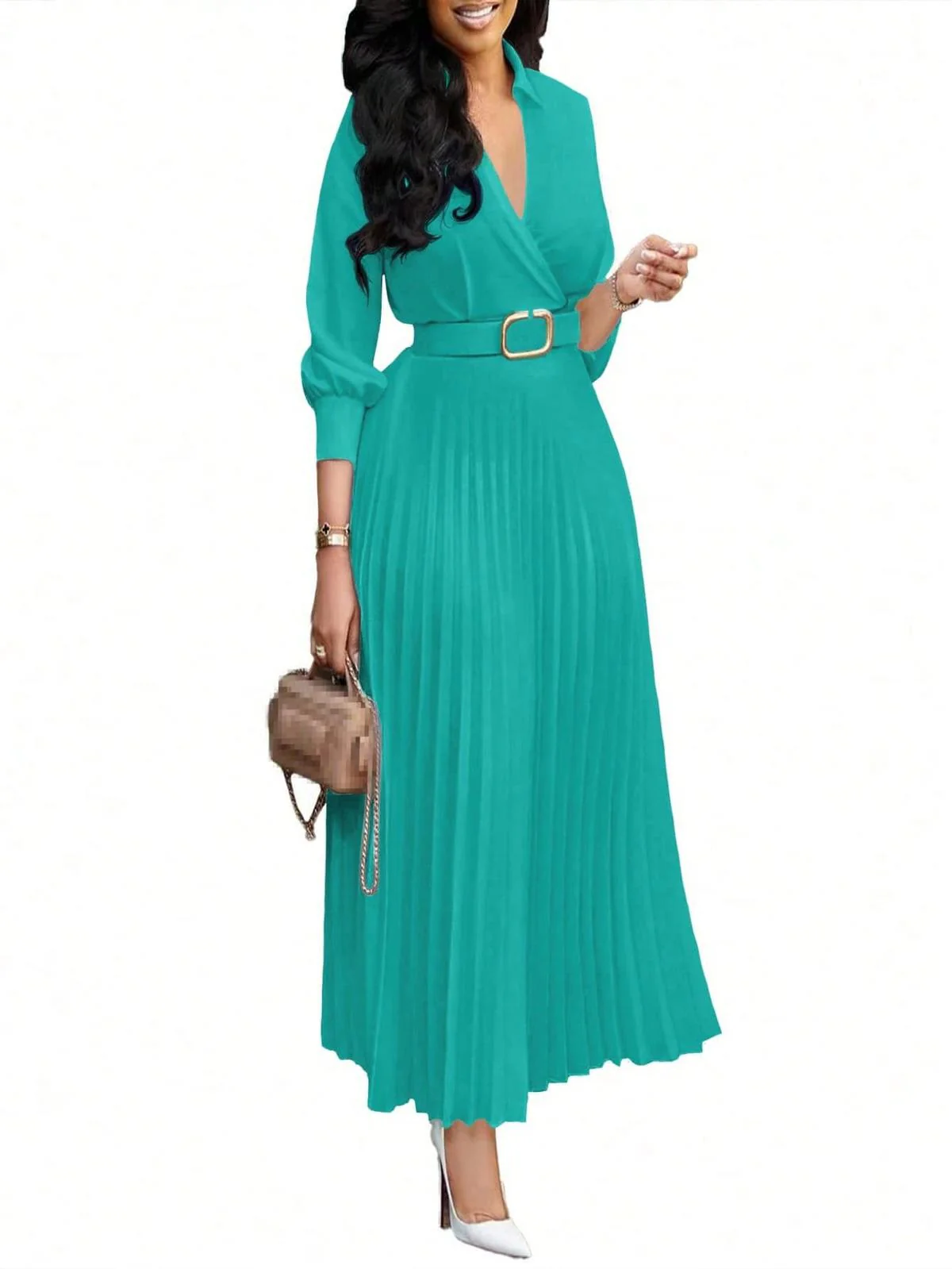Chic YC Women's 3/4 Sleeve Flared A Line Dress Casual Semi Formal Wedding Guest Office Lady Dresses with Belt - Image 6