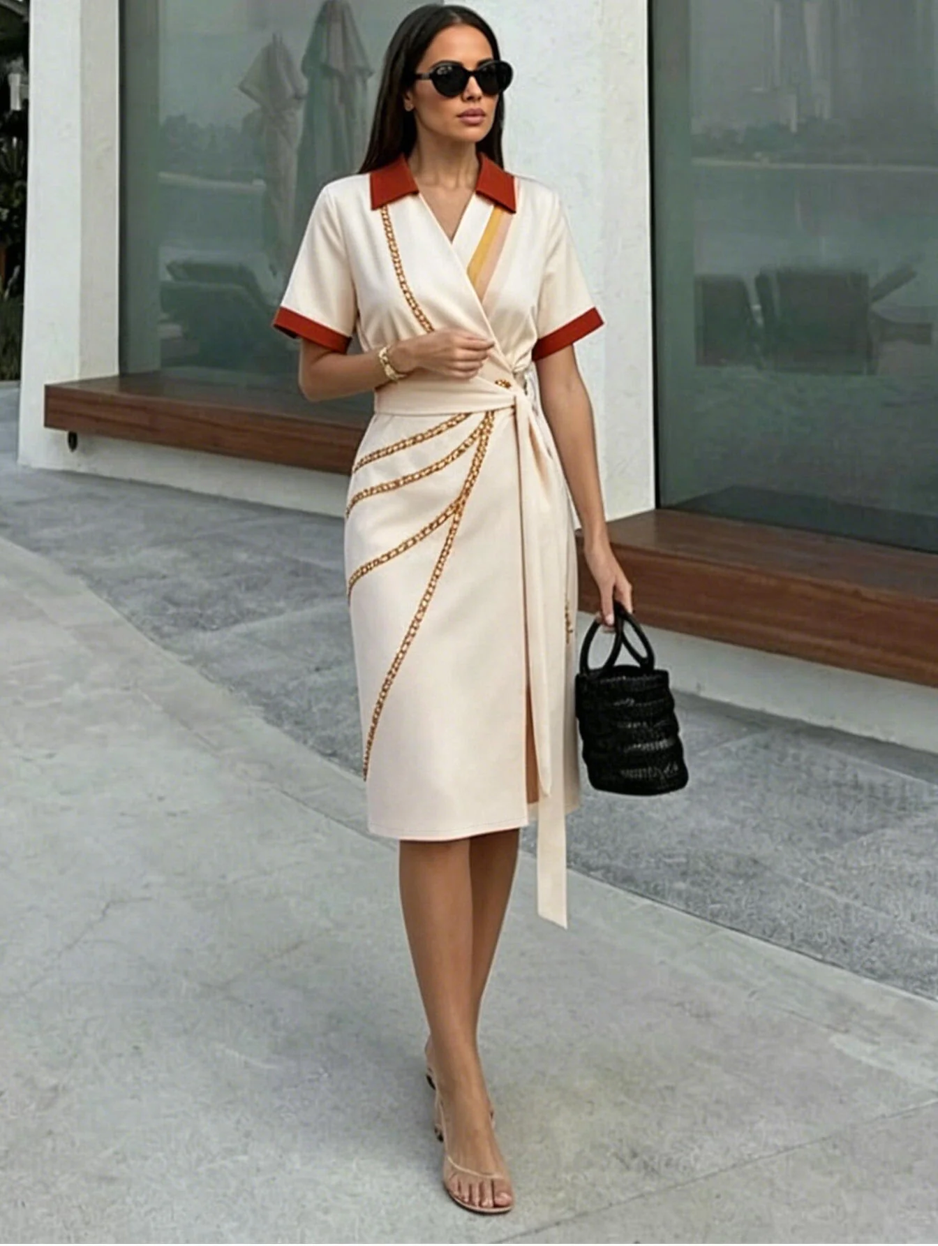 Chic YC Women's Chain Print Wrap Midi Dress Short Sleeve Summer Elegant Work Dress - Image 4