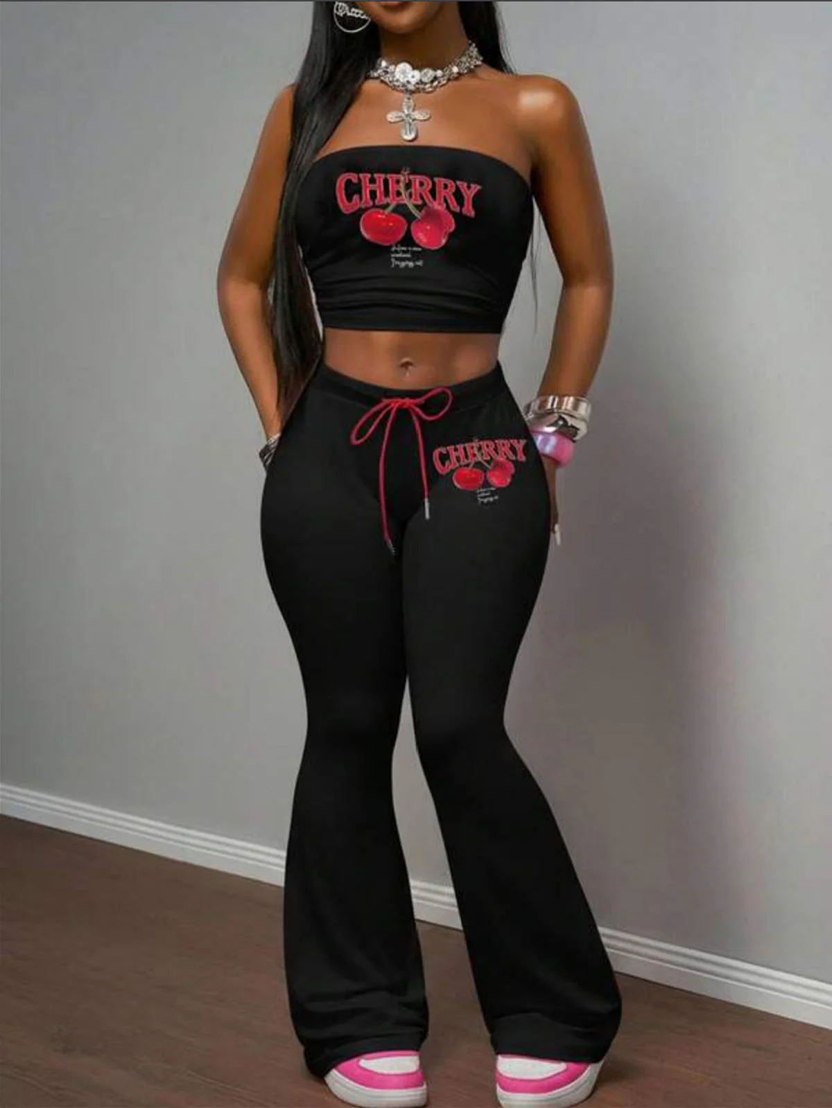 Chic YC Women's Cherry Print Tube Top and Flare Pants 2 Piece Set Casual Summer Streetwear Outfit - Image 2