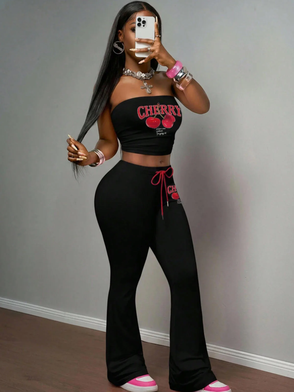 Chic YC Women's Cherry Print Tube Top and Flare Pants 2 Piece Set Casual Summer Streetwear Outfit - Image 5