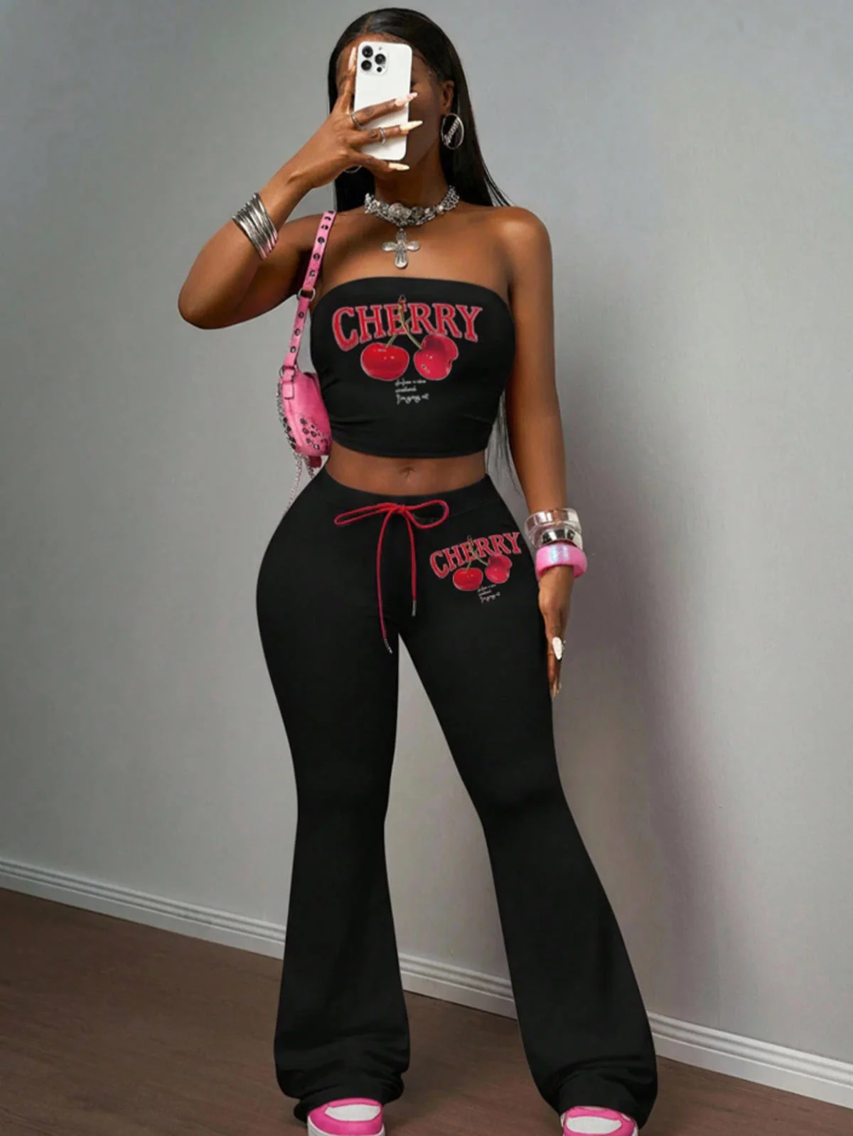 Chic YC Women's Cherry Print Tube Top and Flare Pants 2 Piece Set Casual Summer Streetwear Outfit - Image 6