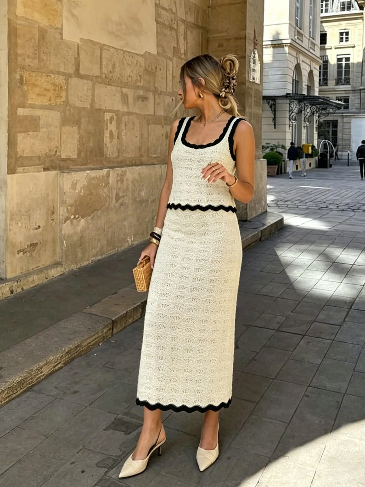 Chic YC Women's Contrast Trim Crochet Tank Top and Midi Skirt 2 Piece Set Summer Casual Co-Ord