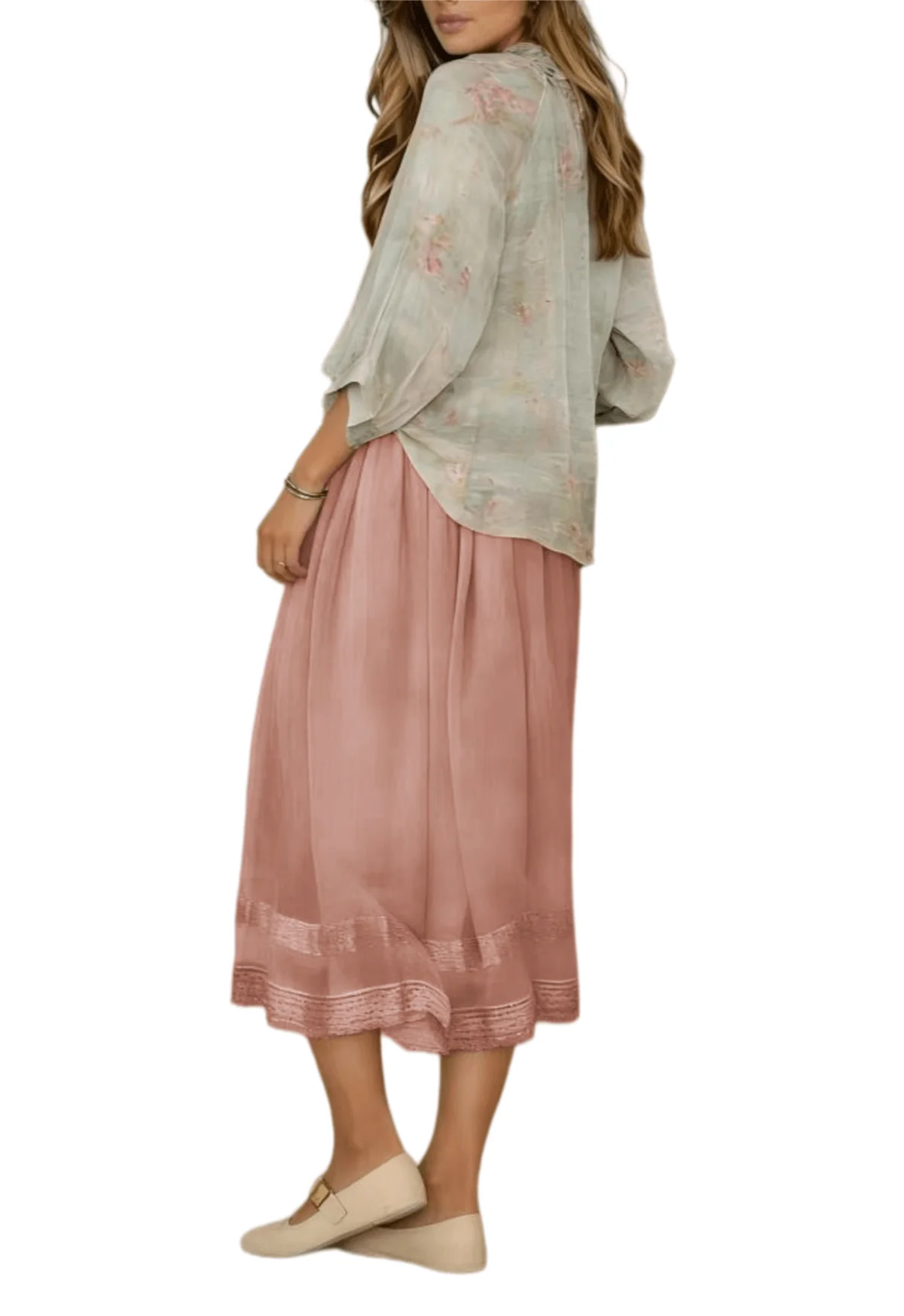 Chic YC Women's Elastic Waist A-line Midi Skirt Boho Lace Trim Flowy Casual Skirt - Image 4