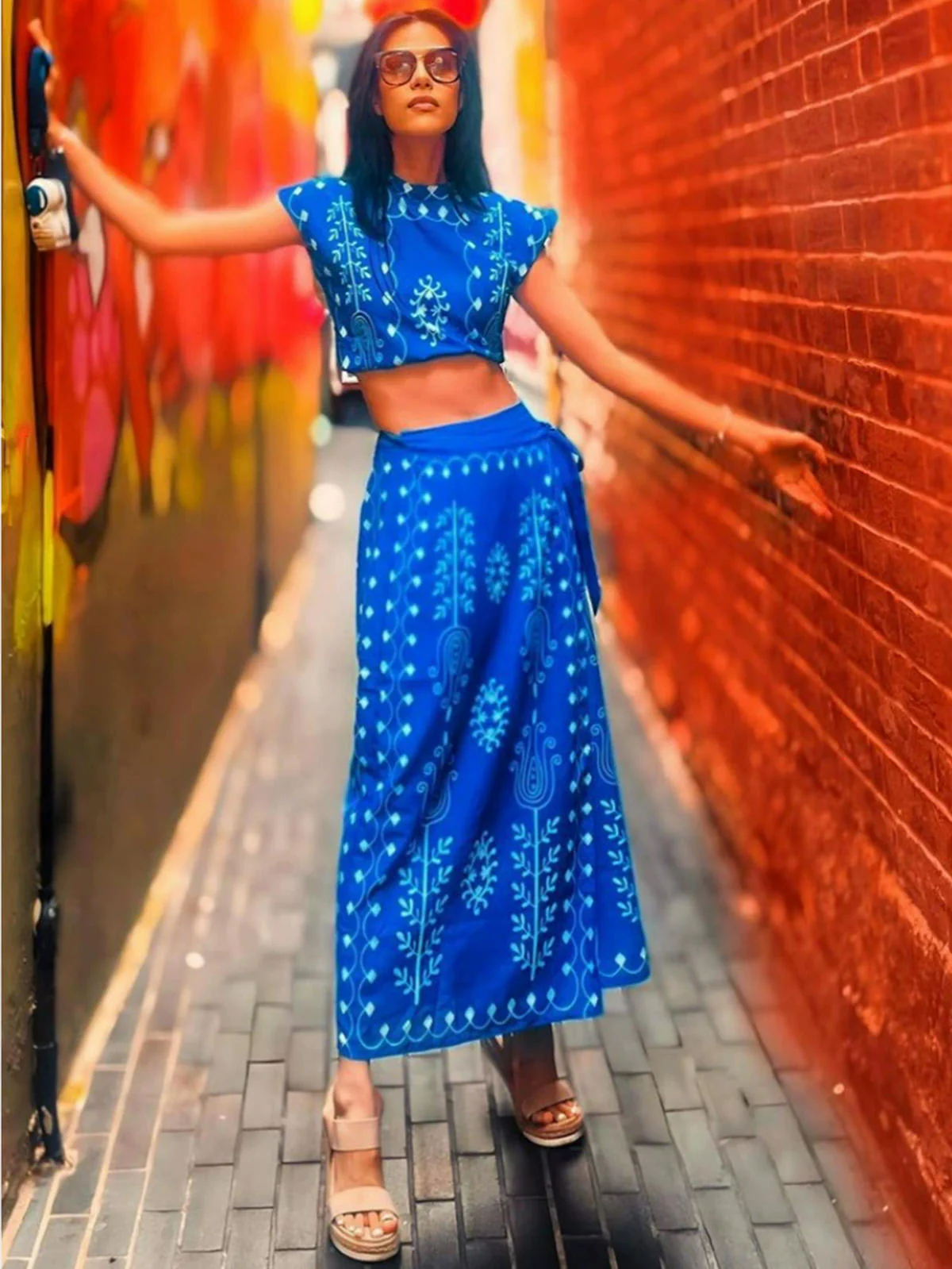 Chic YC Women's Ethnic Print Crop Top and Wrap Midi Skirt 2 Piece Set Casual Summer Boho Outfit - Image 5
