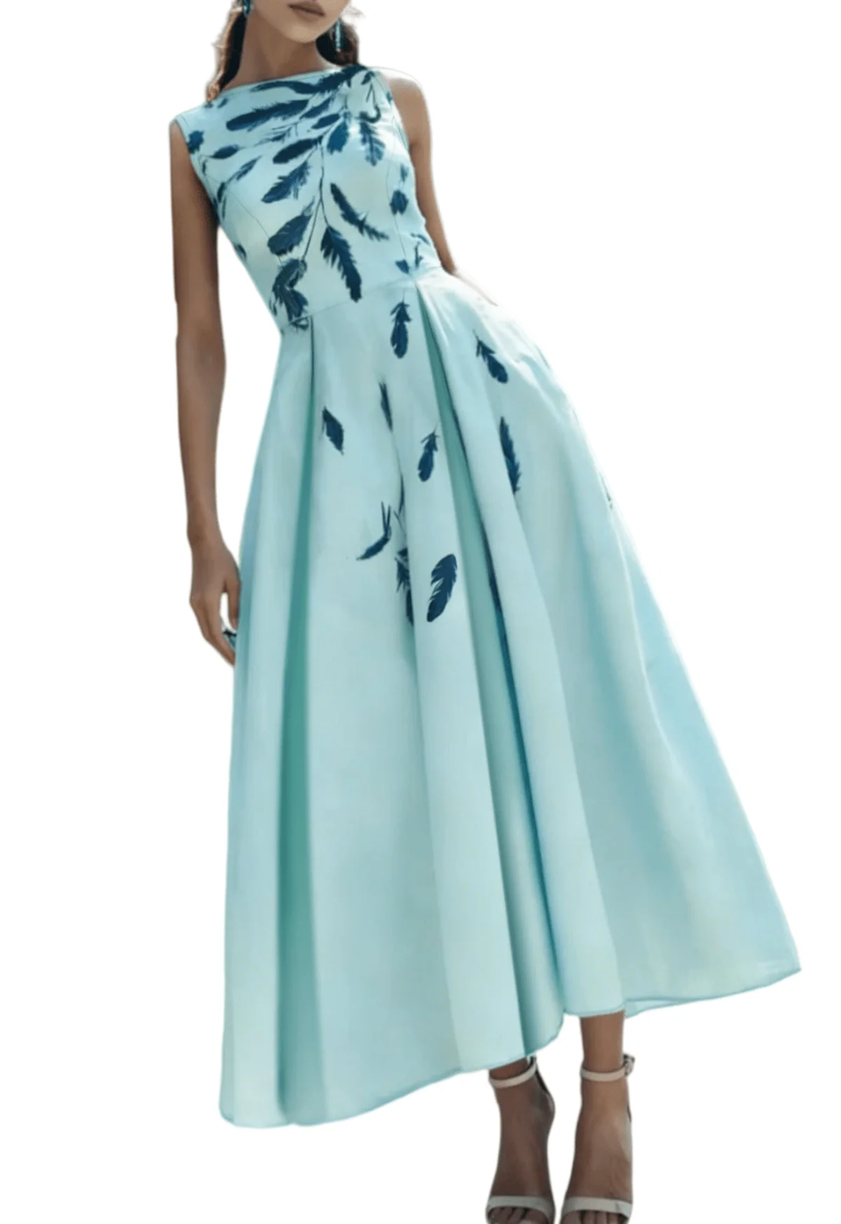 Chic YC Women's Feather Print Sleeveless Midi Dress A-Line Lace-Up Back Elegant Cocktail Party Dress