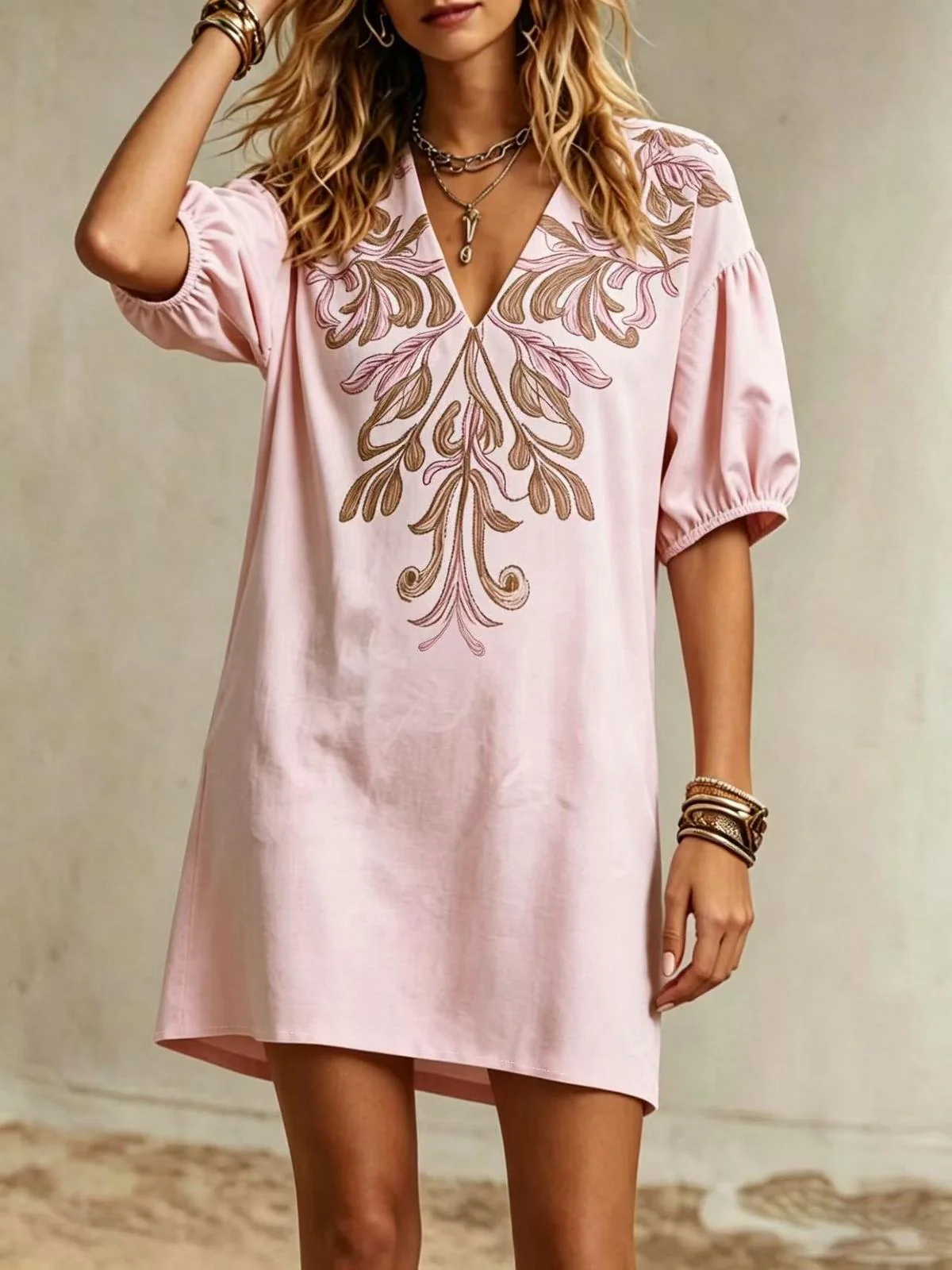 Chic YC Women's Floral Embroidered V-Neck Mini Dress Puff Sleeve Casual Summer Sundress - Image 4