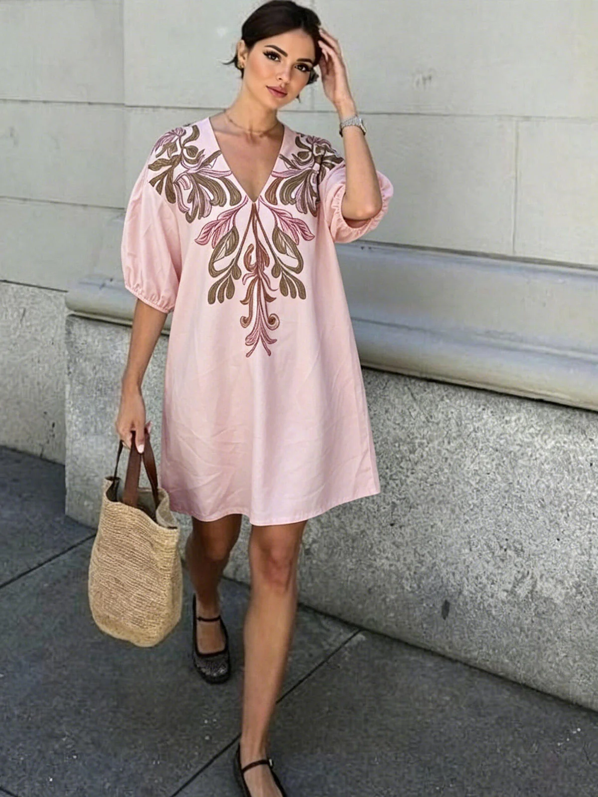 Chic YC Women's Floral Embroidered V-Neck Mini Dress Puff Sleeve Casual Summer Sundress - Image 8