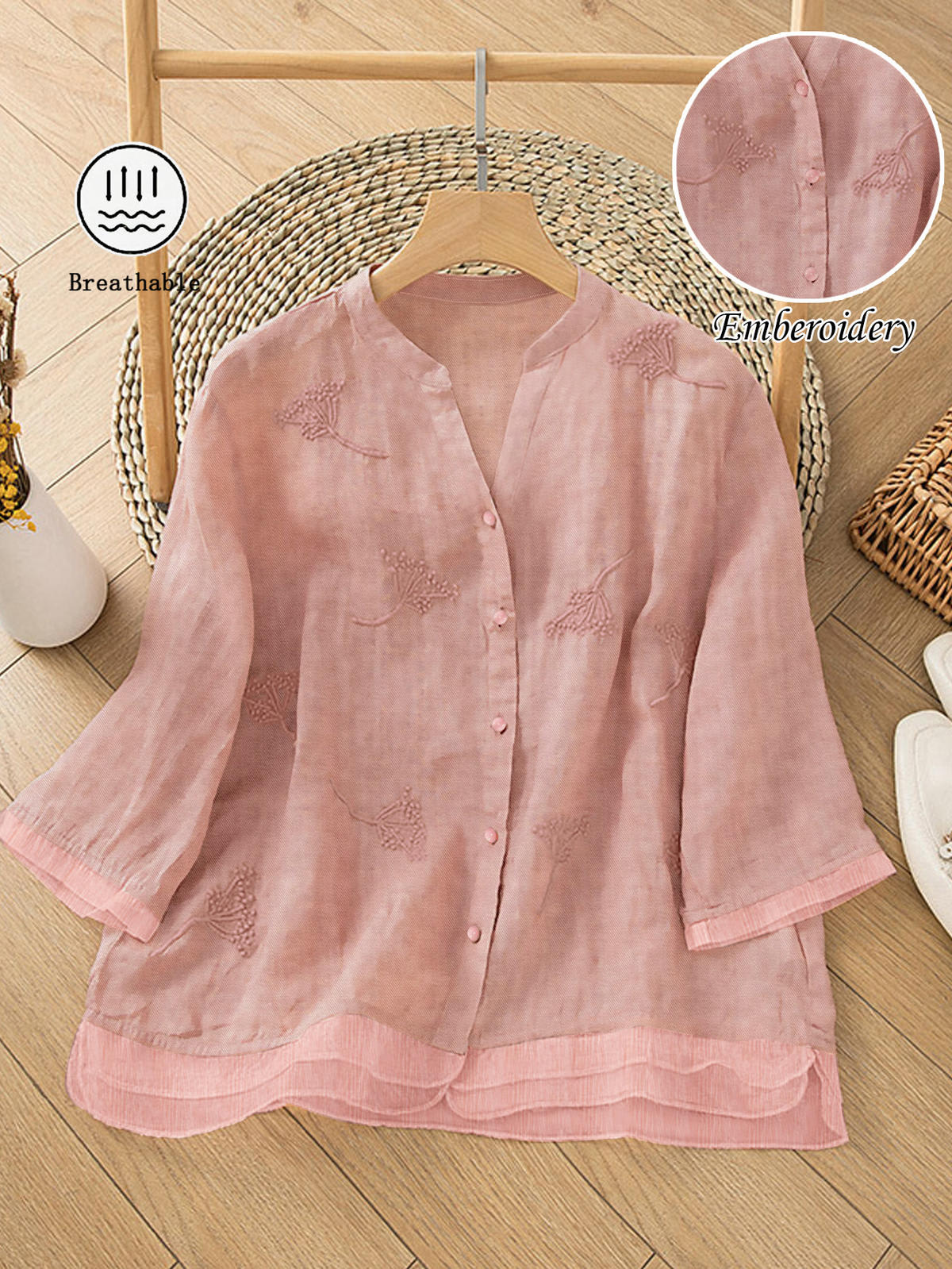 Chic YC Women's Floral Embroidery V-Neck Blouse 3/4 Sleeve Summer Casual Button-Down Shirt - Image 2