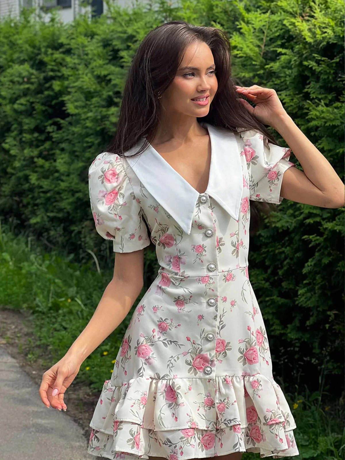 Chic YC Women's Floral Peter Pan Collar Puff Sleeve Mini Dress Vintage Ruffle Hem Summer Casual Dress - Image 10
