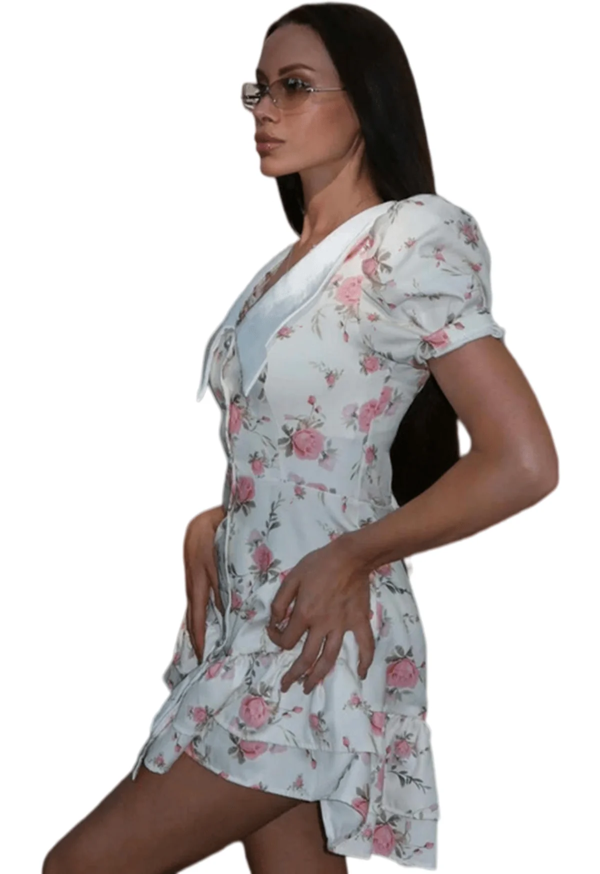 Chic YC Women's Floral Peter Pan Collar Puff Sleeve Mini Dress Vintage Ruffle Hem Summer Casual Dress - Image 4