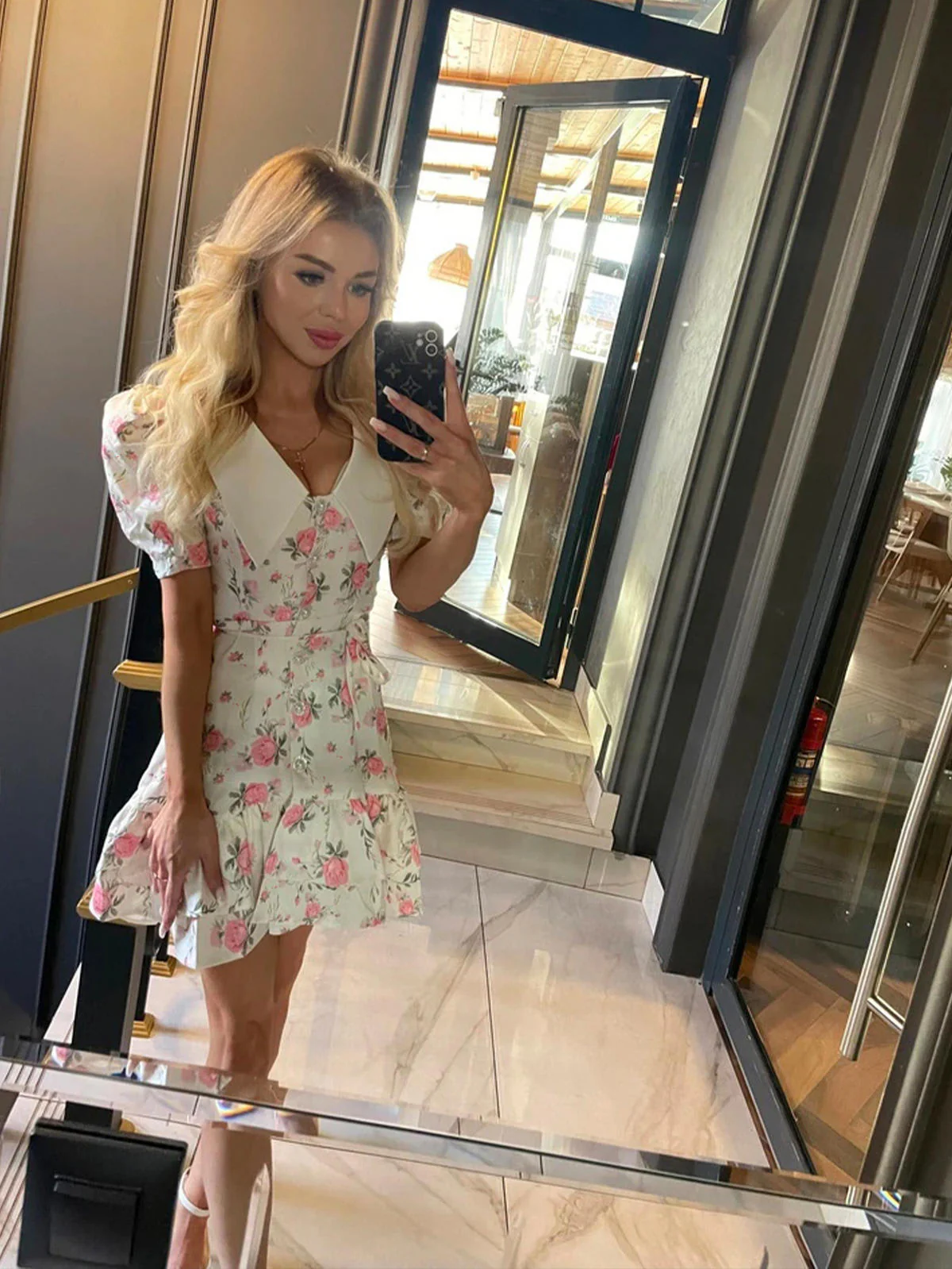 Chic YC Women's Floral Peter Pan Collar Puff Sleeve Mini Dress Vintage Ruffle Hem Summer Casual Dress - Image 9