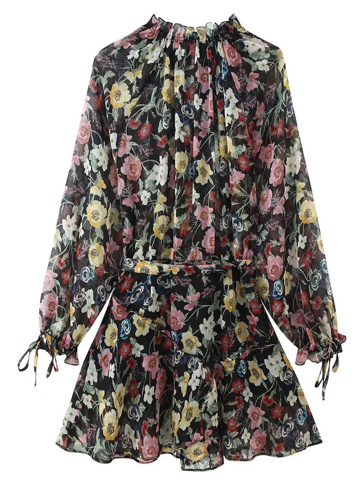 Chic YC Women's Floral Print Ruffle Hem Mini Dress Long Sleeve Boho Tie Neck Sundress - Image 2