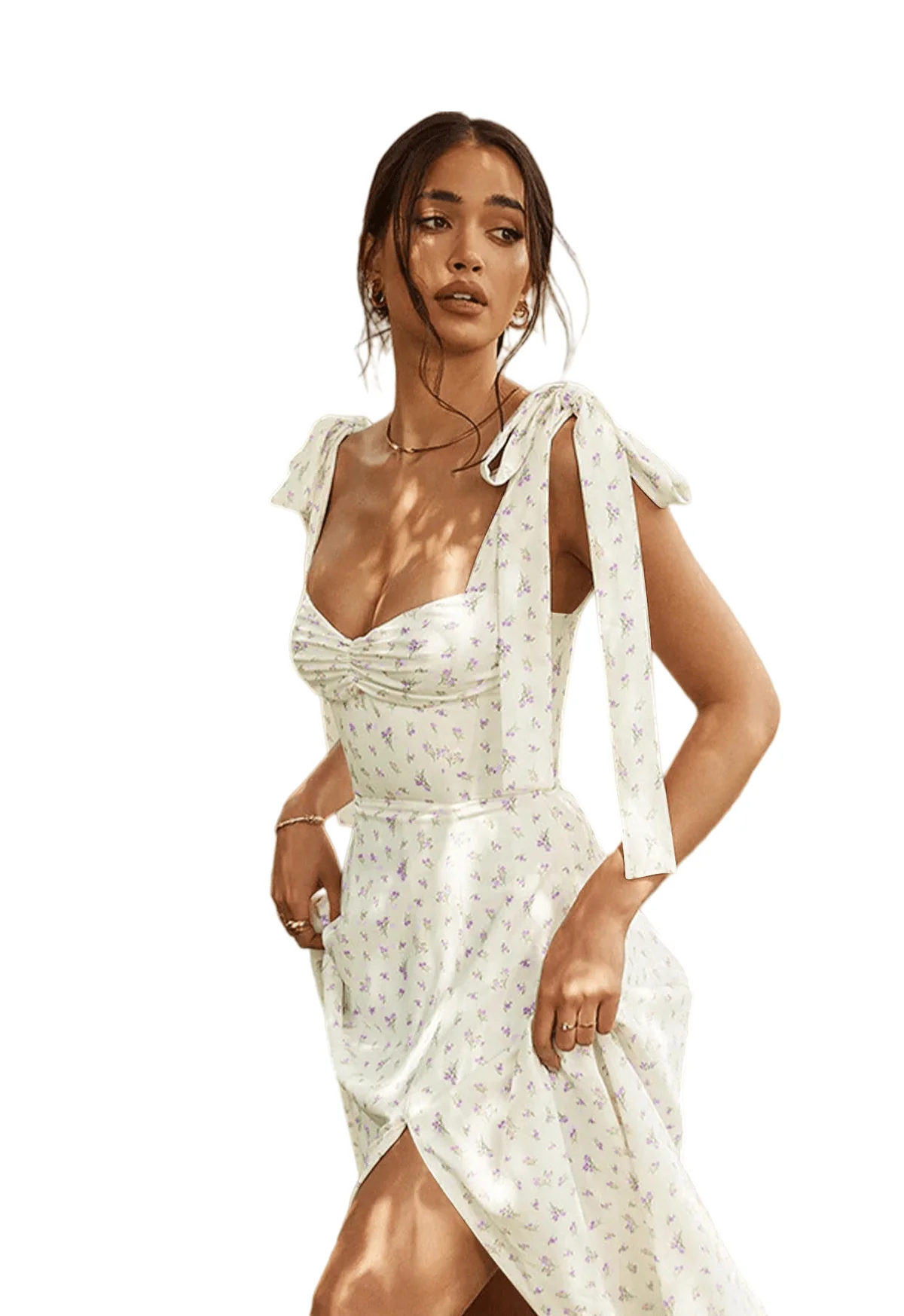 Chic YC Women's Floral Print Tie Strap Midi Dress Elegant Sweetheart Split Boho Summer Dress - Image 3